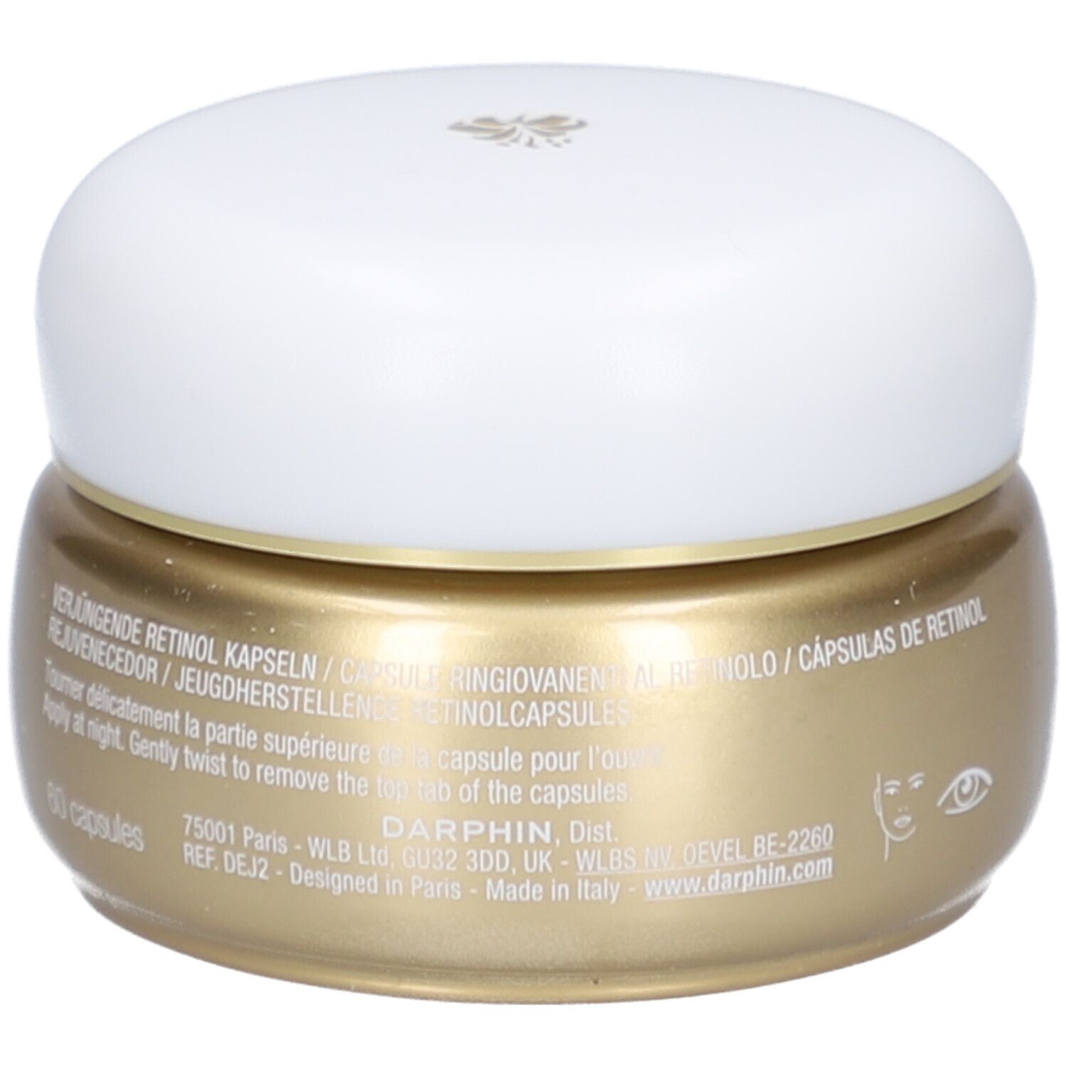 Goldfarbene Dose mit weißem Deckel. Text: Verlängernde Retinol Kapseln. Darphin. 60 Kapseln. Mit Anweisungen.