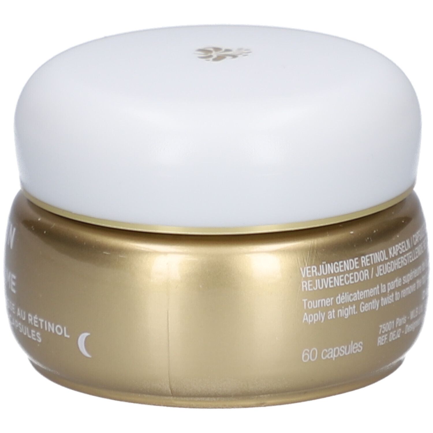 Goldfarbene Dose mit weißem Deckel. Text: Verjüngende Retinol Kapseln. 60 Kapseln. Mondsymbol.