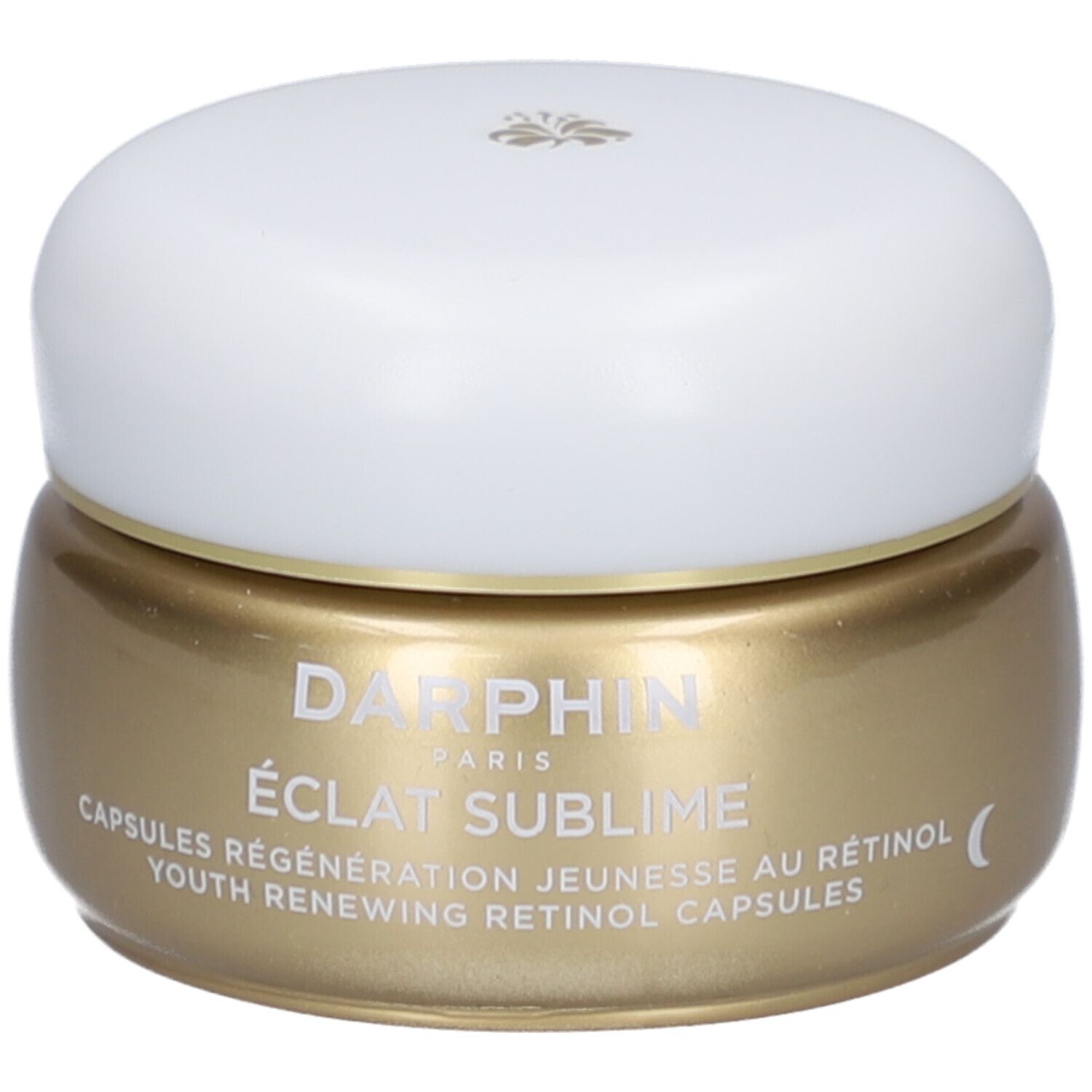 Goldfarbene Dose mit weißem Deckel. Aufschrift: Éclat Sublime, Capsules Régénération Jeunesse au Rétinol.