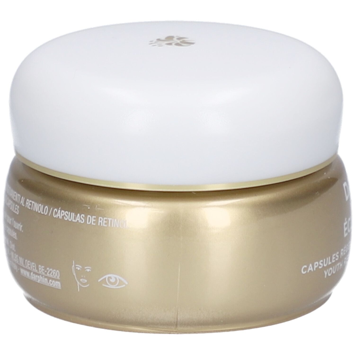 Goldfarbene Dose mit weißem Deckel. Aufschrift: Éclat Sublime, Capsules Régénération Jeunesse au Rétinol.