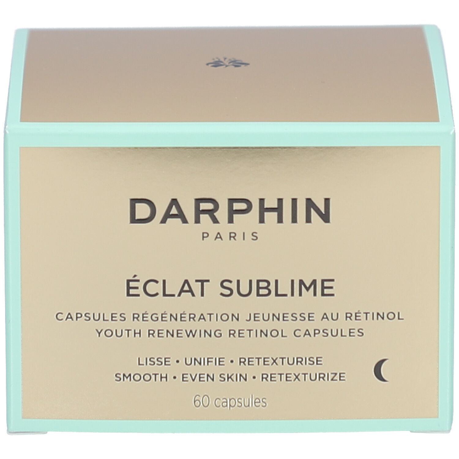 Hellgrüne Schachtel. Aufschrift: Éclat Sublime, Capsules Régénération Jeunesse au Rétinol. 60 Kapseln.