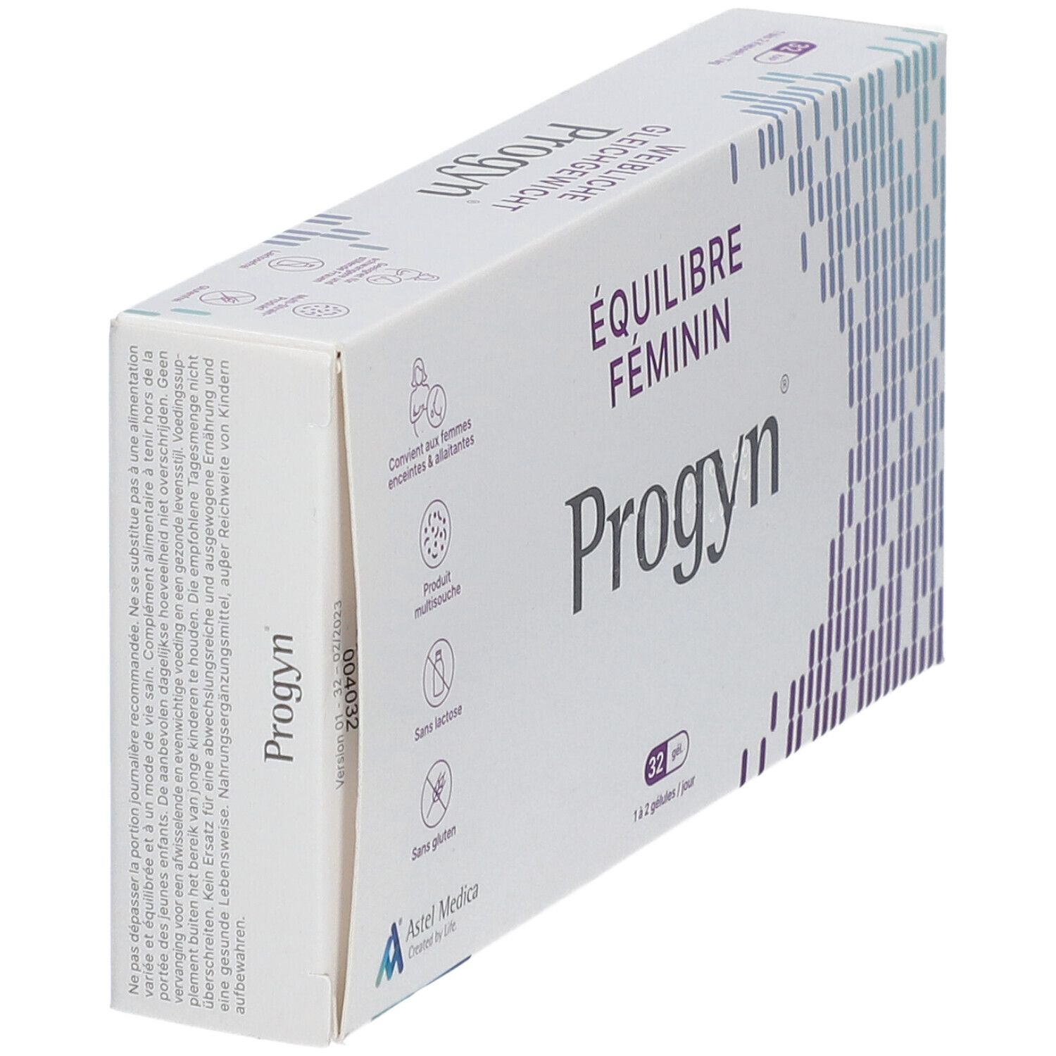 Boîte Progyn. Inscription: ÉQUILIBRE FÉMININ, 32 gélules. Contient des informations sur les ingrédients et le fabricant.
