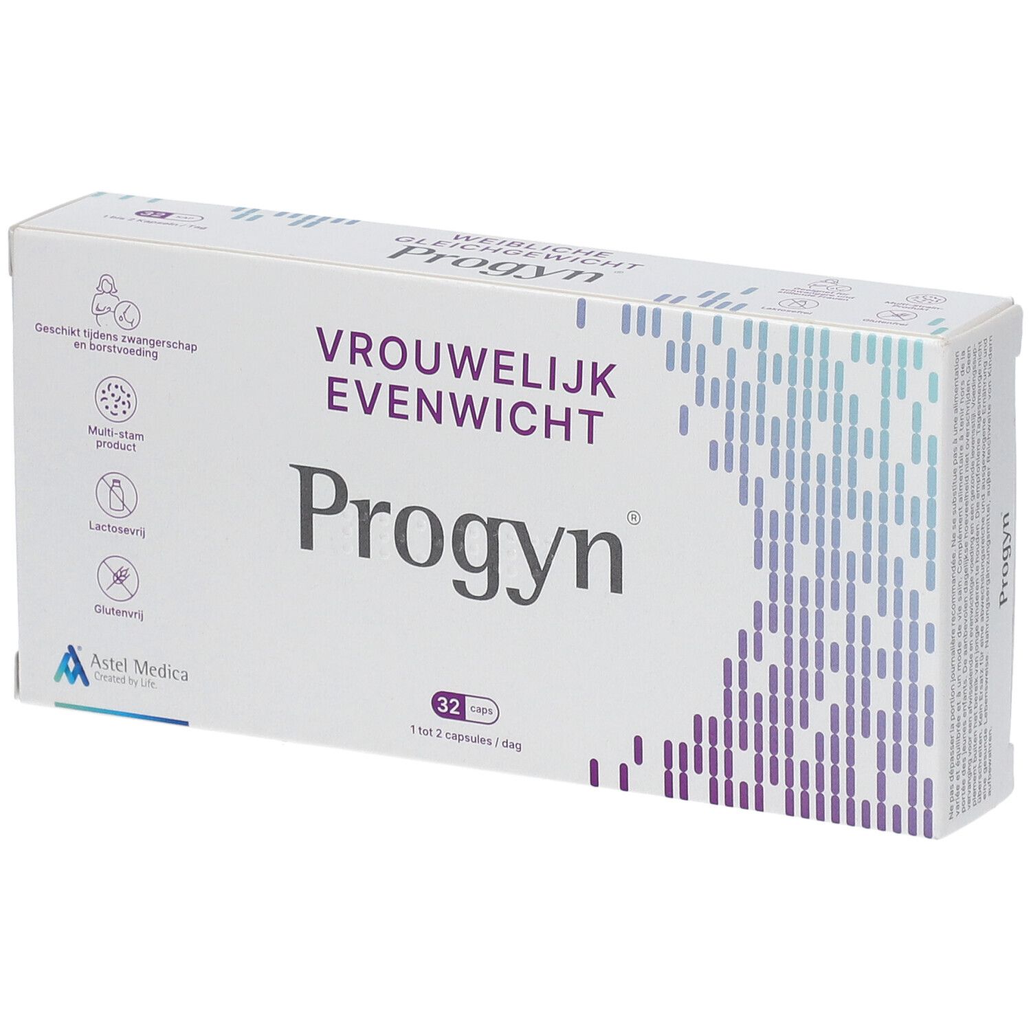 Boîte Progyn. Inscription: VROUWELIJK EVENWICHT, 32 gélules. Contient des informations sur les ingrédients et le fabricant.