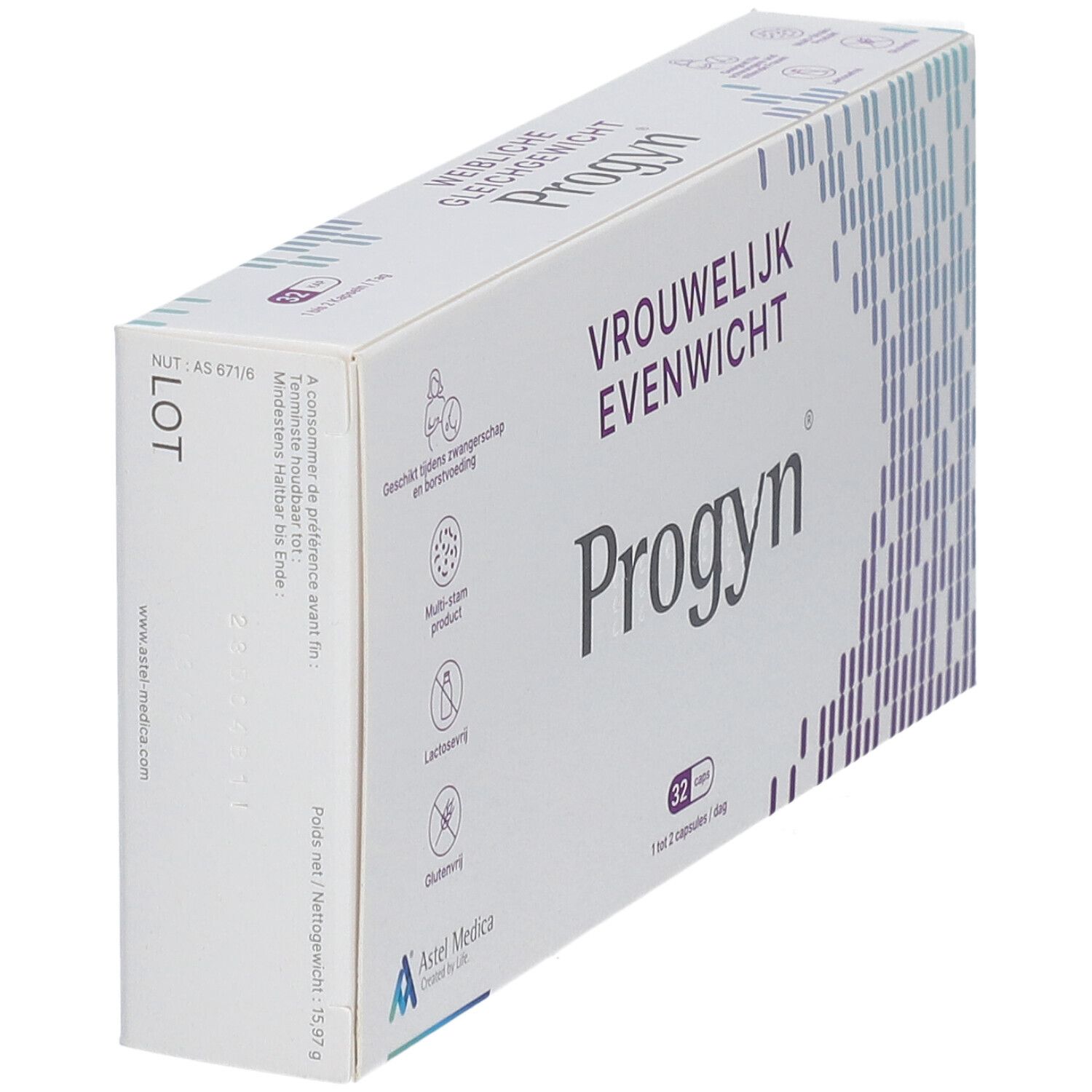 Boîte Progyn. Inscription: VROUWELIJK EVENWICHT, 32 gélules. Contient des informations sur les ingrédients et le fabricant.