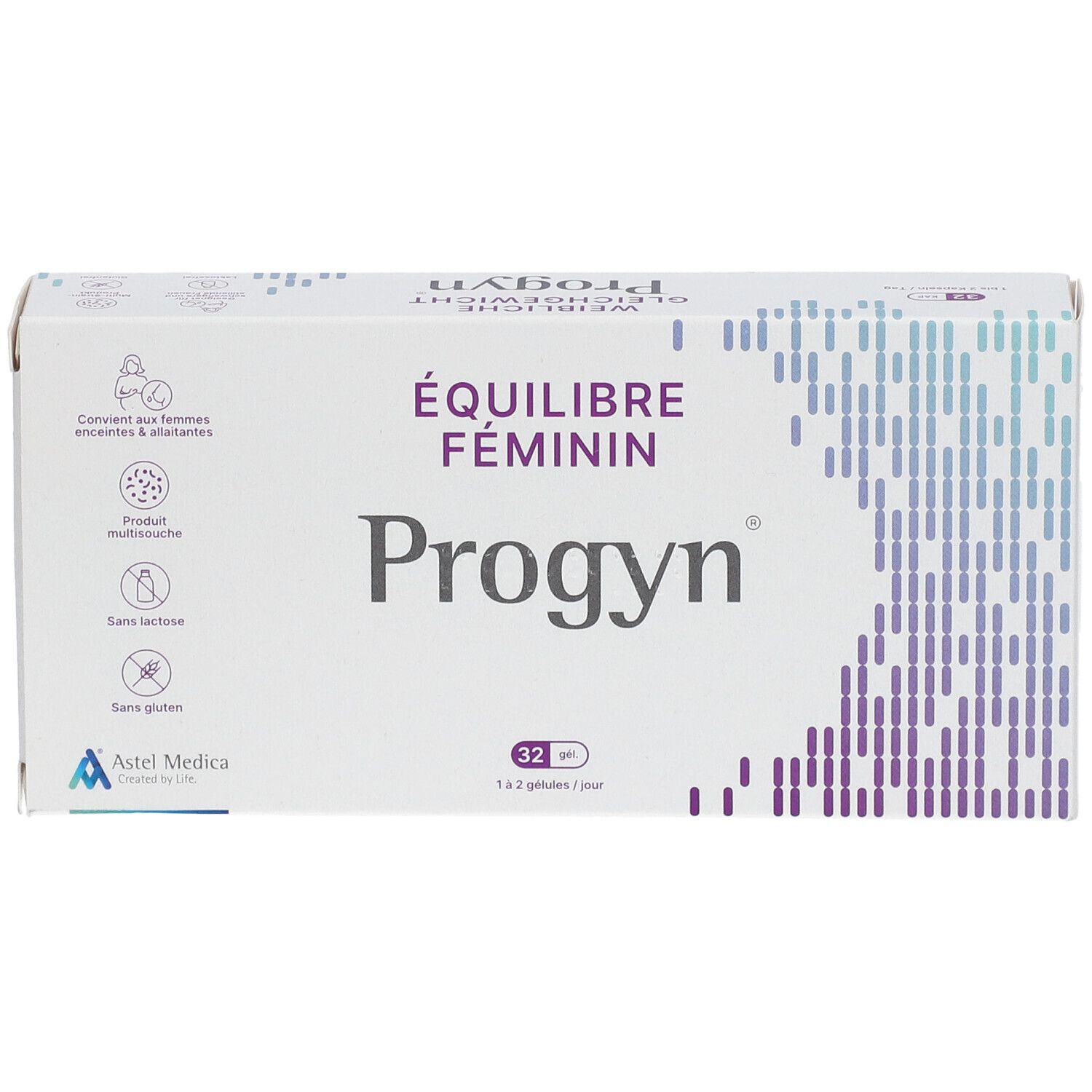 Boîte Progyn. Inscription: ÉQUILIBRE FÉMININ, 32 gélules. Contient des informations sur les ingrédients et le fabricant.