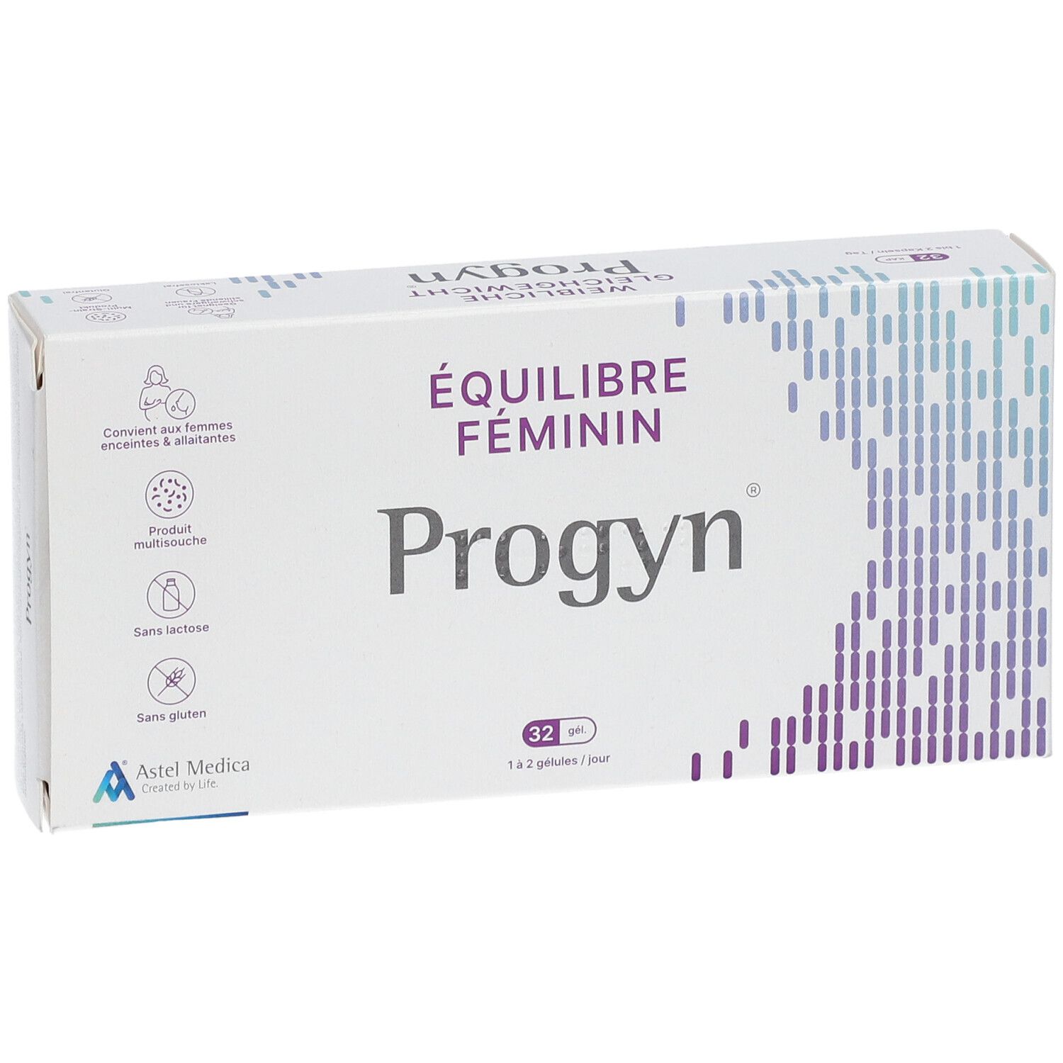 Boîte Progyn. Inscription: ÉQUILIBRE FÉMININ, 32 gélules. Contient des informations sur les ingrédients et le fabricant.