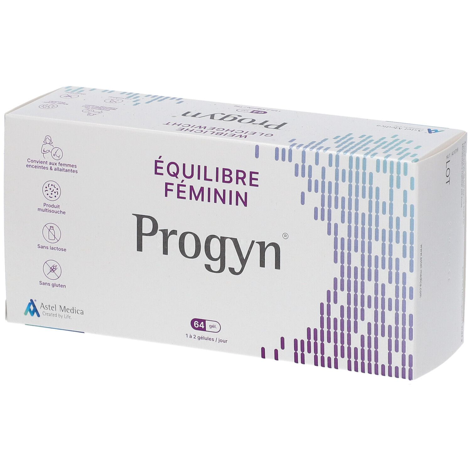 Boîte de Progyn® d'ASTEL MEDICA. Inscription "Équilibre Féminin" et "Progyn". Contient 64 gélules.
