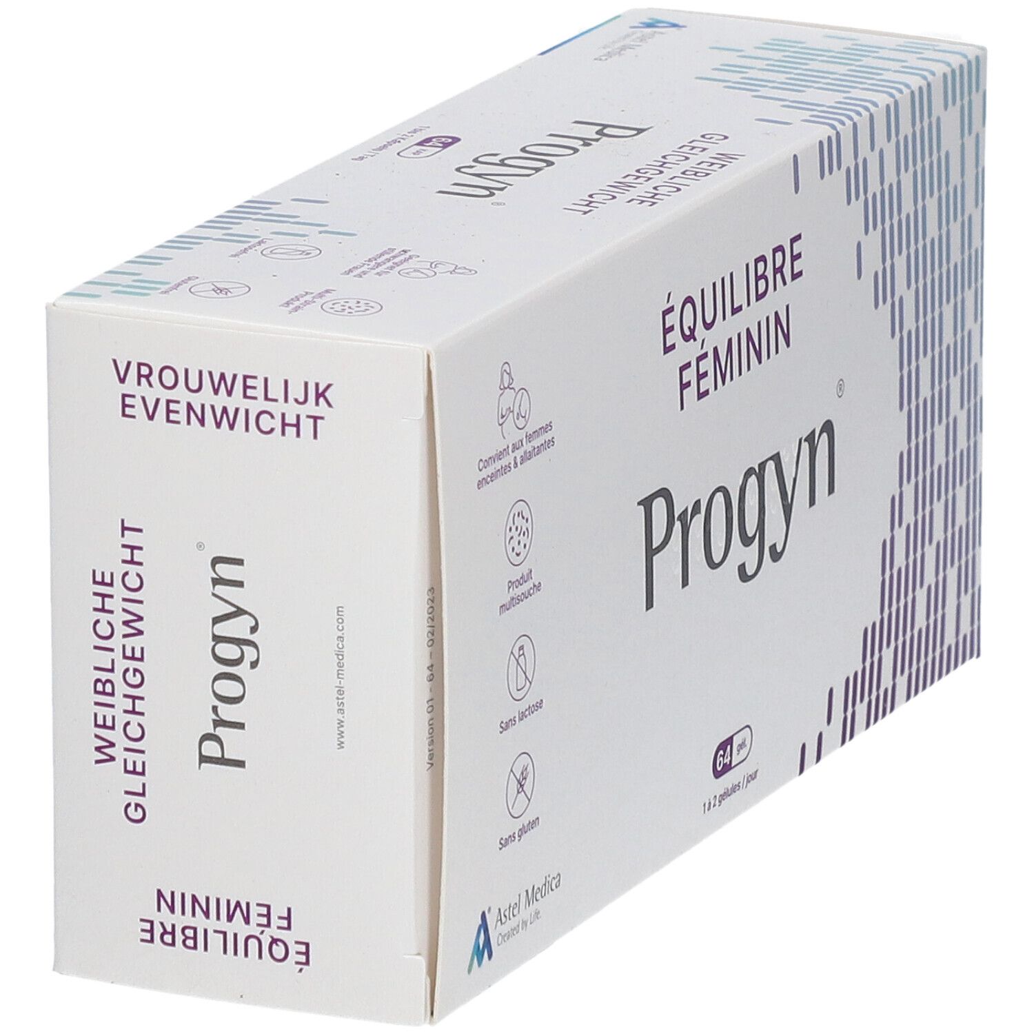 Vue en biais de l'emballage Progyn®. Inscription "Vrouwelijk Evenwicht" et "Progyn". Contient 64 gélules.