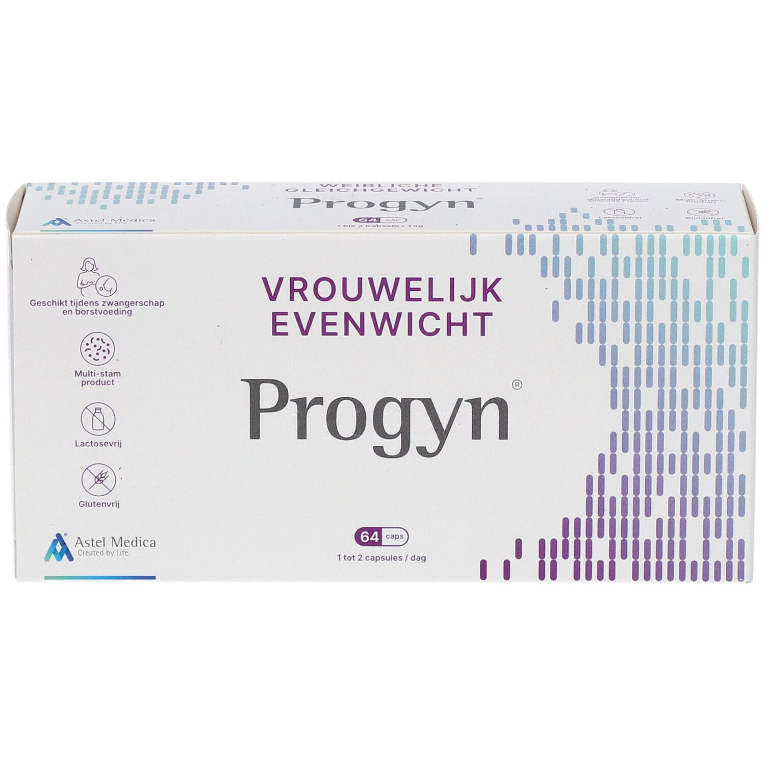 Boîte de Progyn® d'ASTEL MEDICA. Inscription "Vrouwelijk Evenwicht" et "Progyn". Contient 64 gélules.