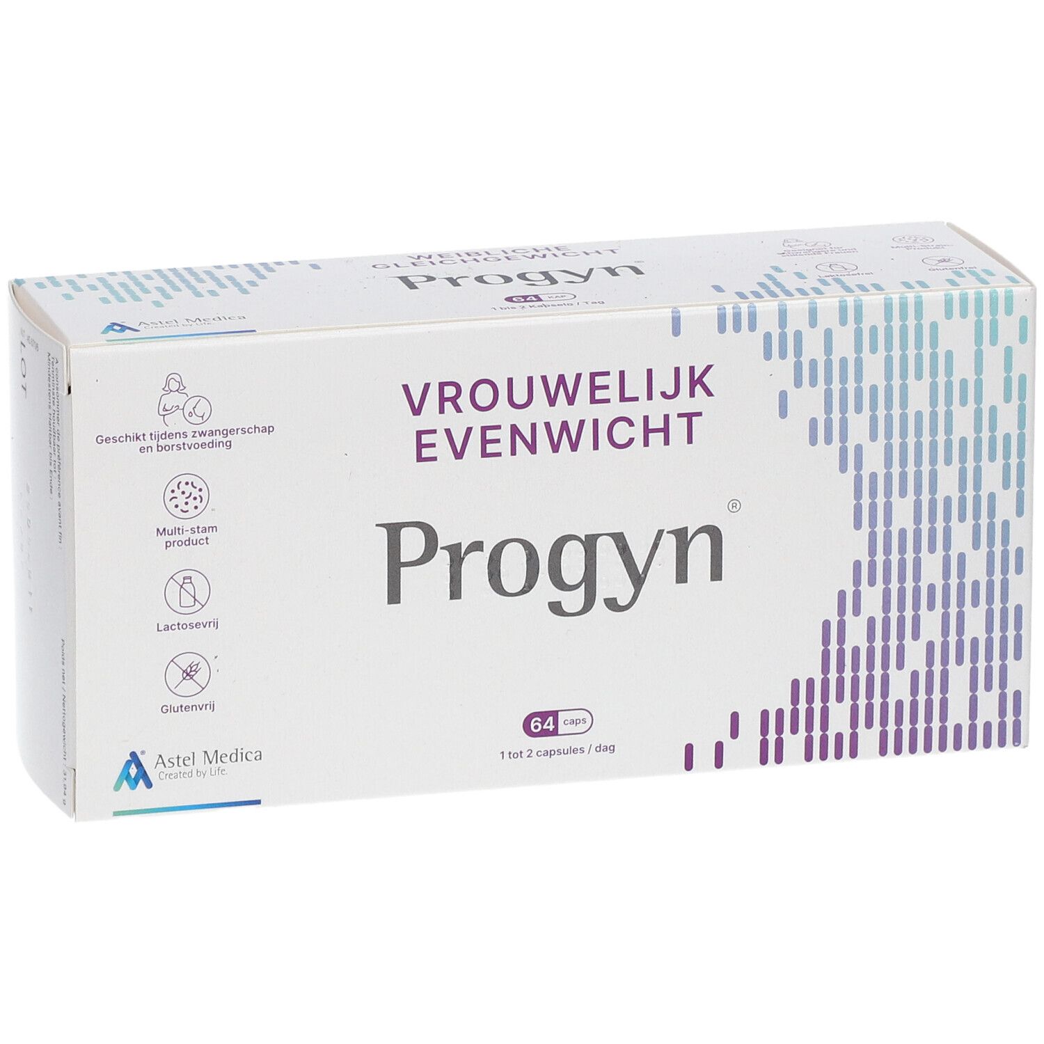 Boîte de Progyn® d'ASTEL MEDICA. Inscription "Vrouwelijk Evenwicht" et "Progyn". Contient 64 gélules.
