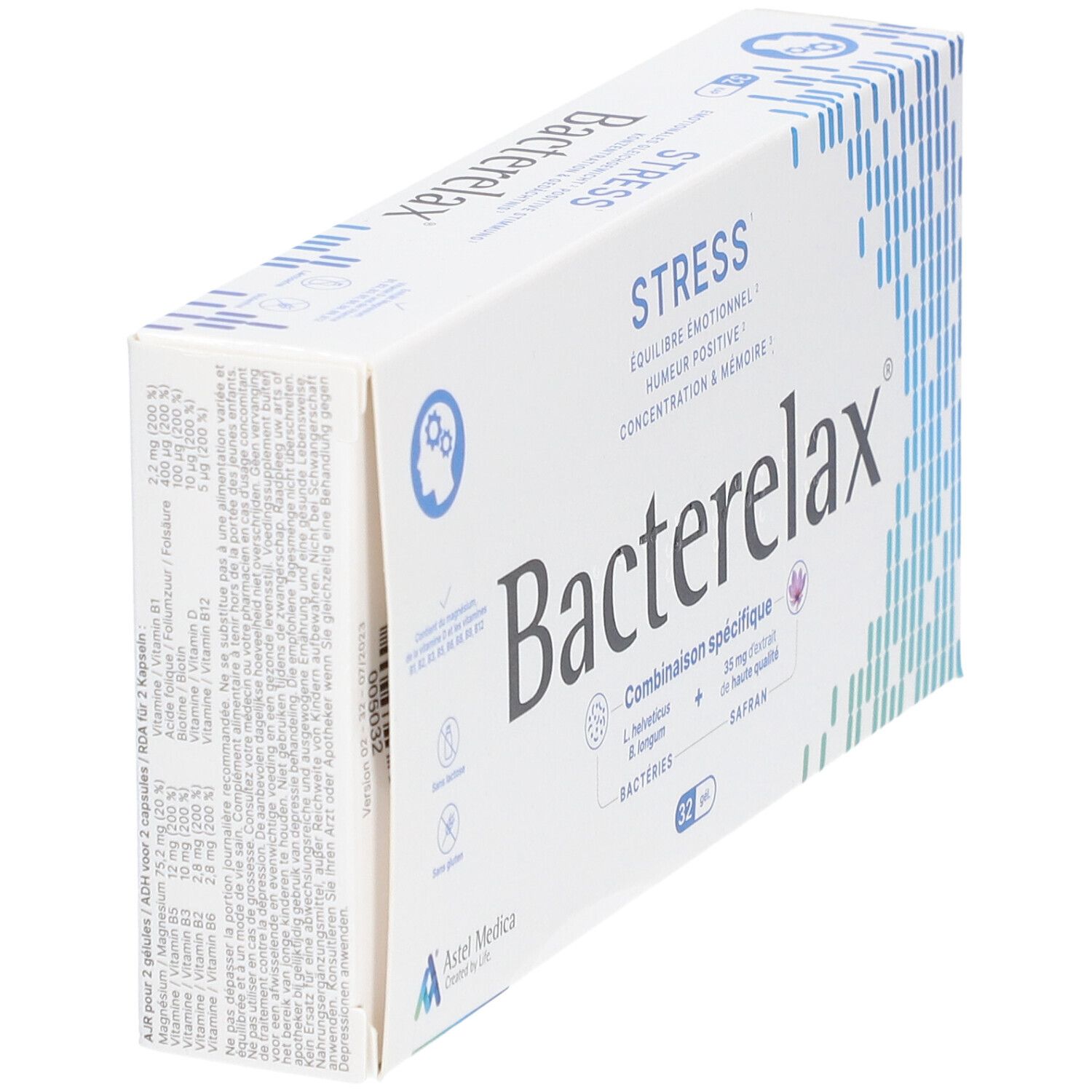 Doos "Bacterelax Stress" in perspectief. Bevat 32 tabletten. Tekst: "Emotioneel evenwicht, positieve stemming, concentratie & geheugen".
