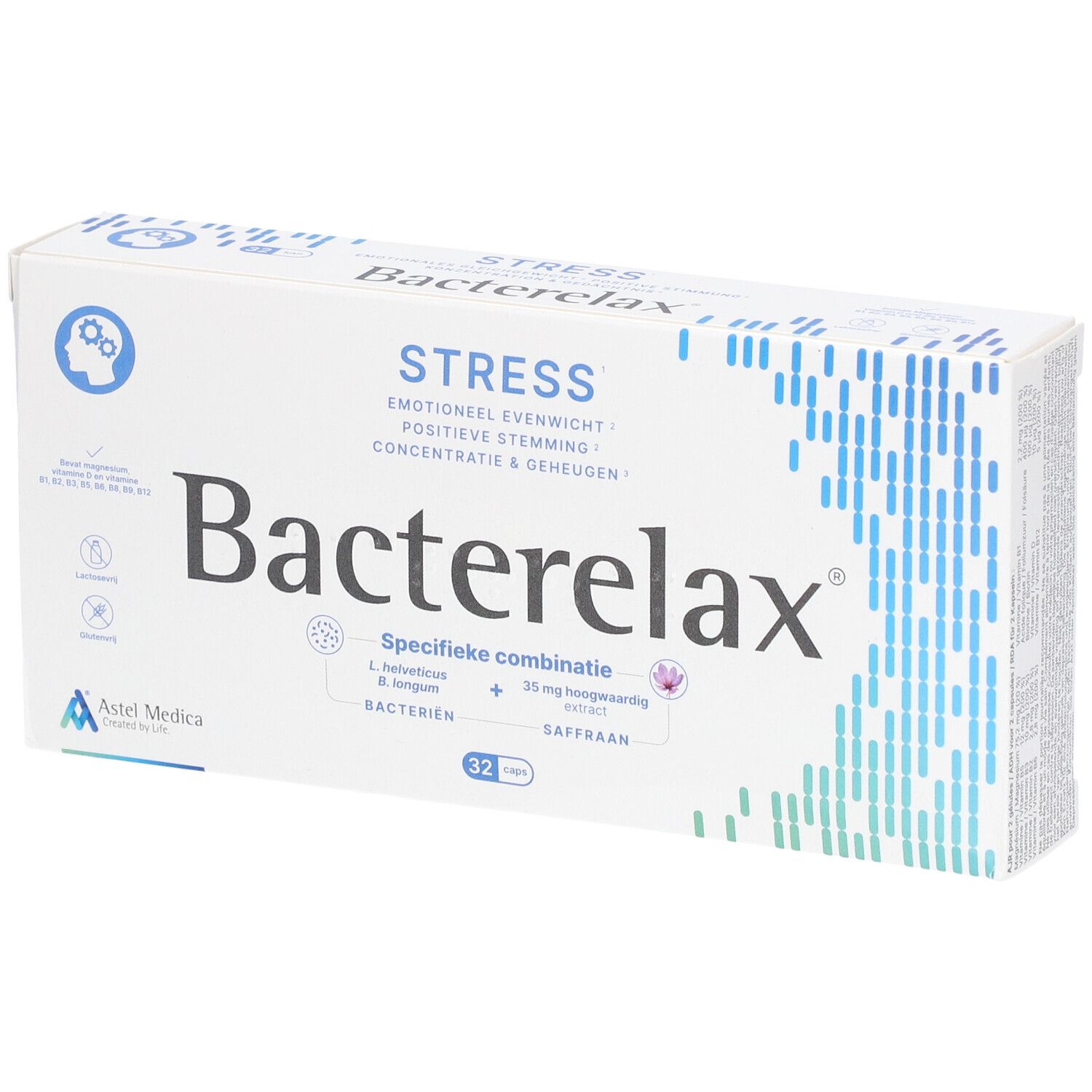 Witte doos met "Bacterelax Stress" logo. Bevat 32 tabletten. Tekst: "Emotioneel evenwicht, positieve stemming, concentratie & geheugen".