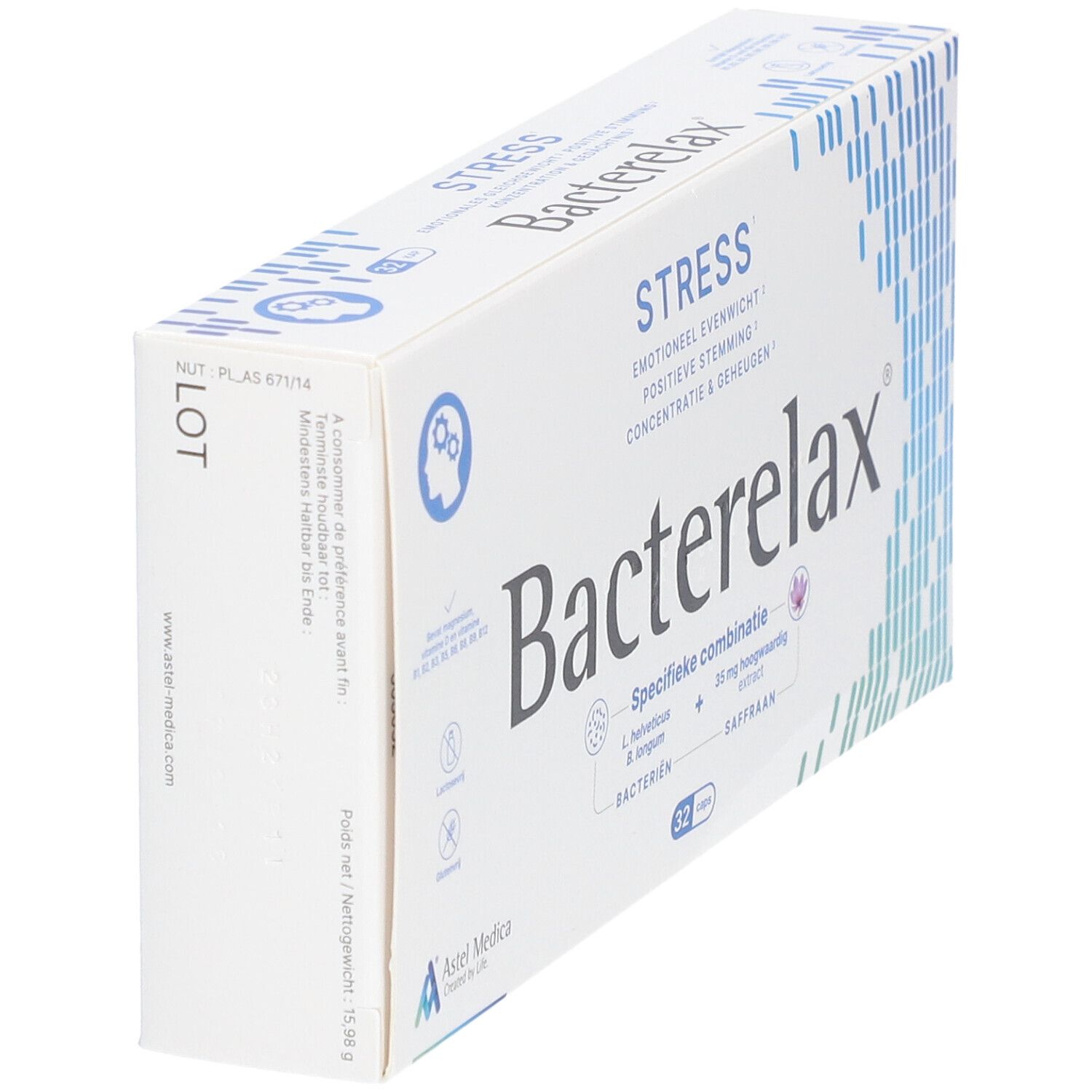 Doos "Bacterelax Stress" in perspectief. Bevat 32 tabletten. Tekst: "Emotioneel evenwicht, positieve stemming, concentratie & geheugen".