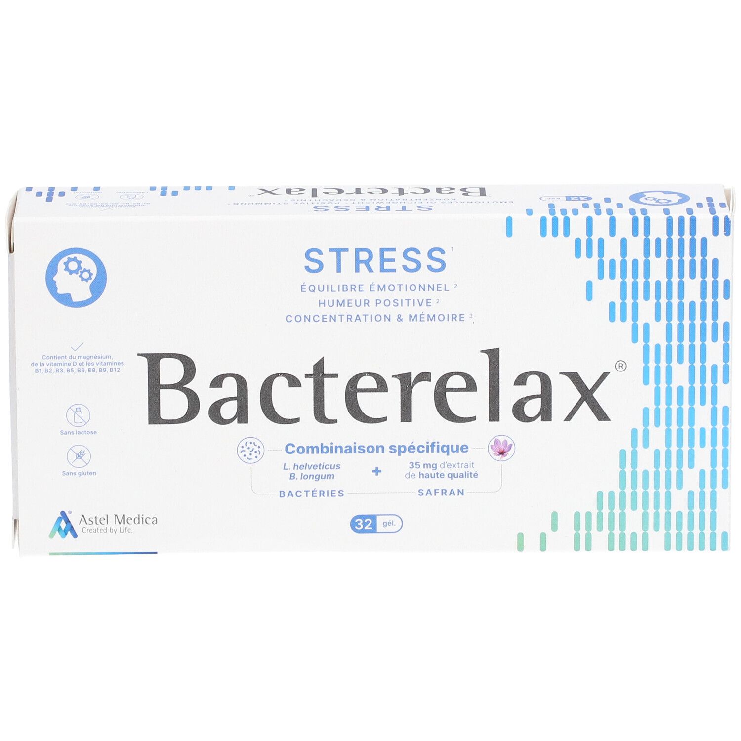 Witte doos met "Bacterelax Stress" logo. Bevat 32 tabletten. Tekst: "Emotioneel evenwicht, positieve stemming, concentratie & geheugen".