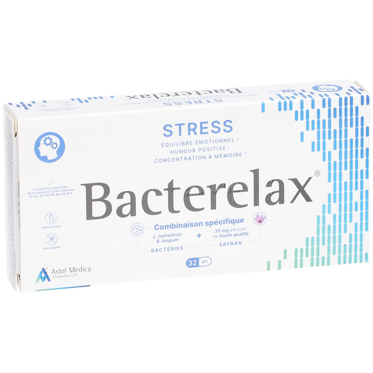 Witte doos met "Bacterelax Stress" logo. Bevat 32 tabletten. Tekst: "Emotioneel evenwicht, positieve stemming, concentratie & geheugen".