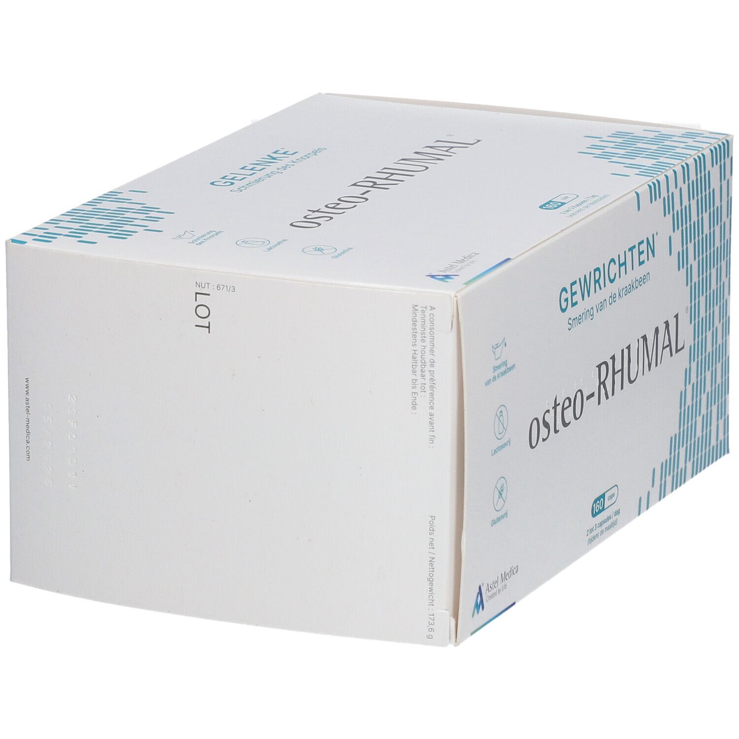 Witte doos met osteo-RHUMAL logo. Zijaanzicht met productinformatie en logo Astel Medica.