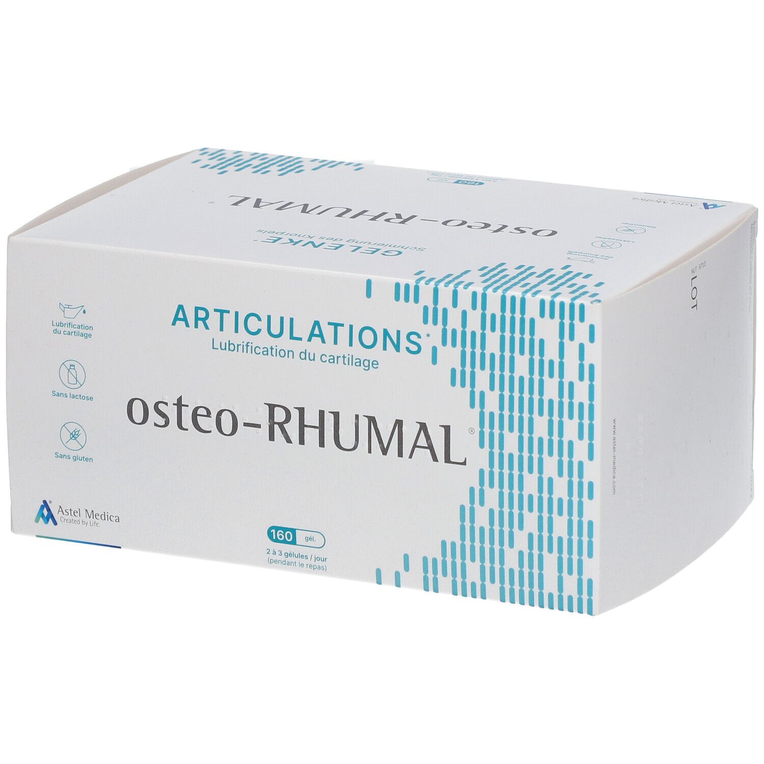 Witte doos met osteo-RHUMAL logo en productinformatie. Opschrift: Articulaties, 160 capsules.