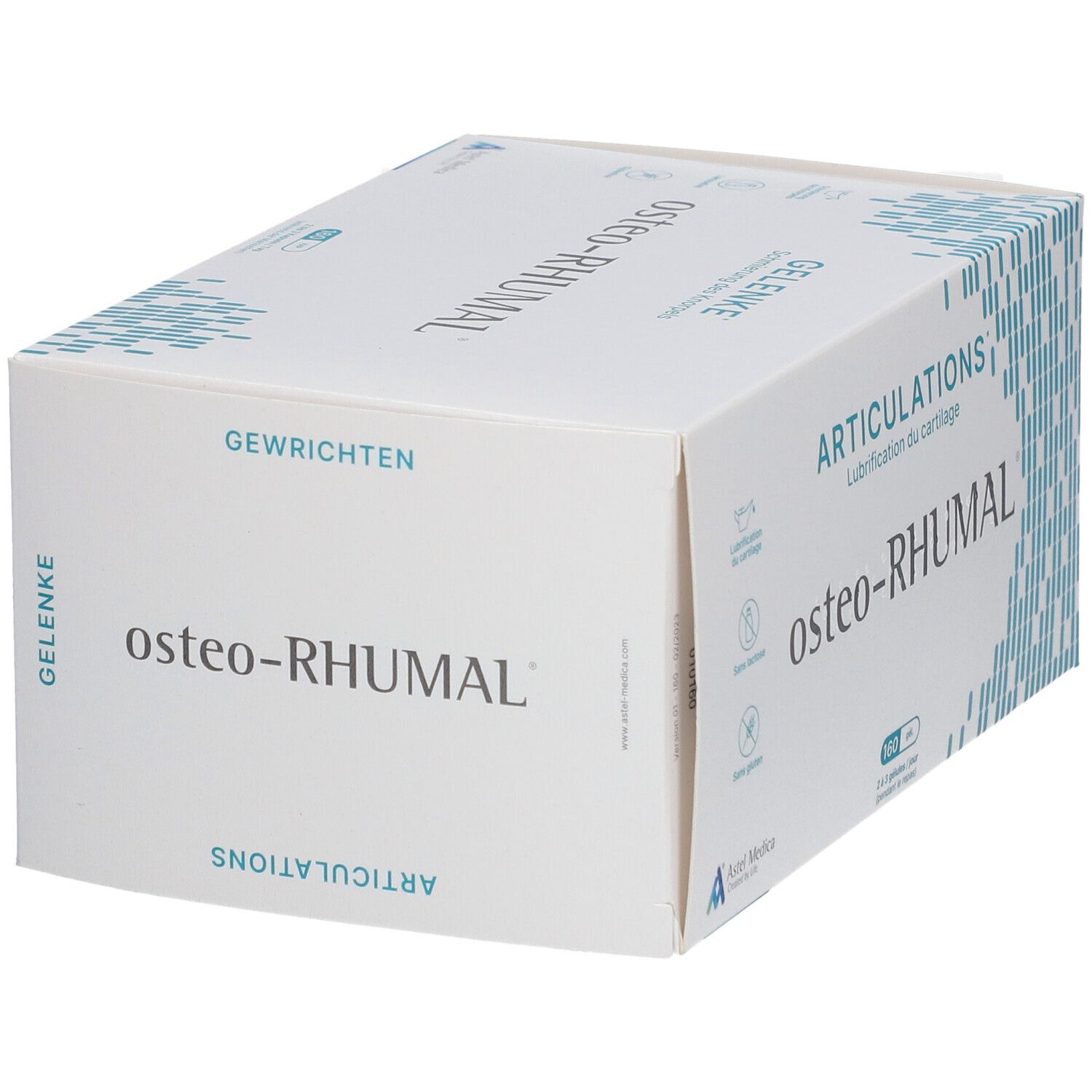 Witte doos met osteo-RHUMAL logo. Zijaanzicht met productinformatie en logo Astel Medica.