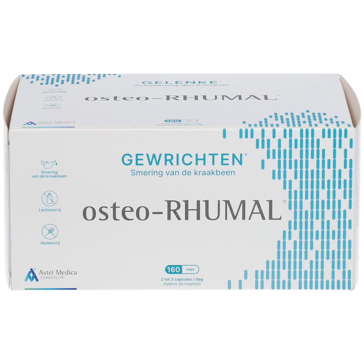Witte doos met osteo-RHUMAL logo en productinformatie. Opschrift: Gewrichten, 160 capsules.