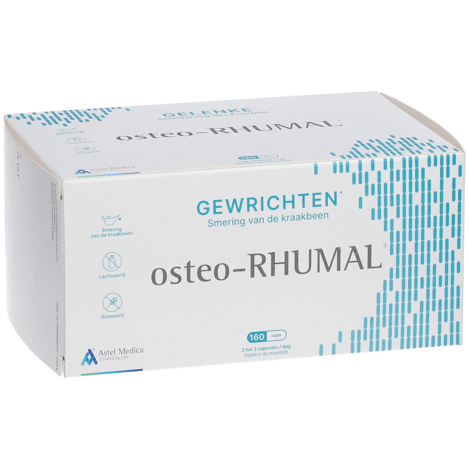 Witte doos met osteo-RHUMAL logo en productinformatie. Opschrift: Gewrichten, 160 capsules.