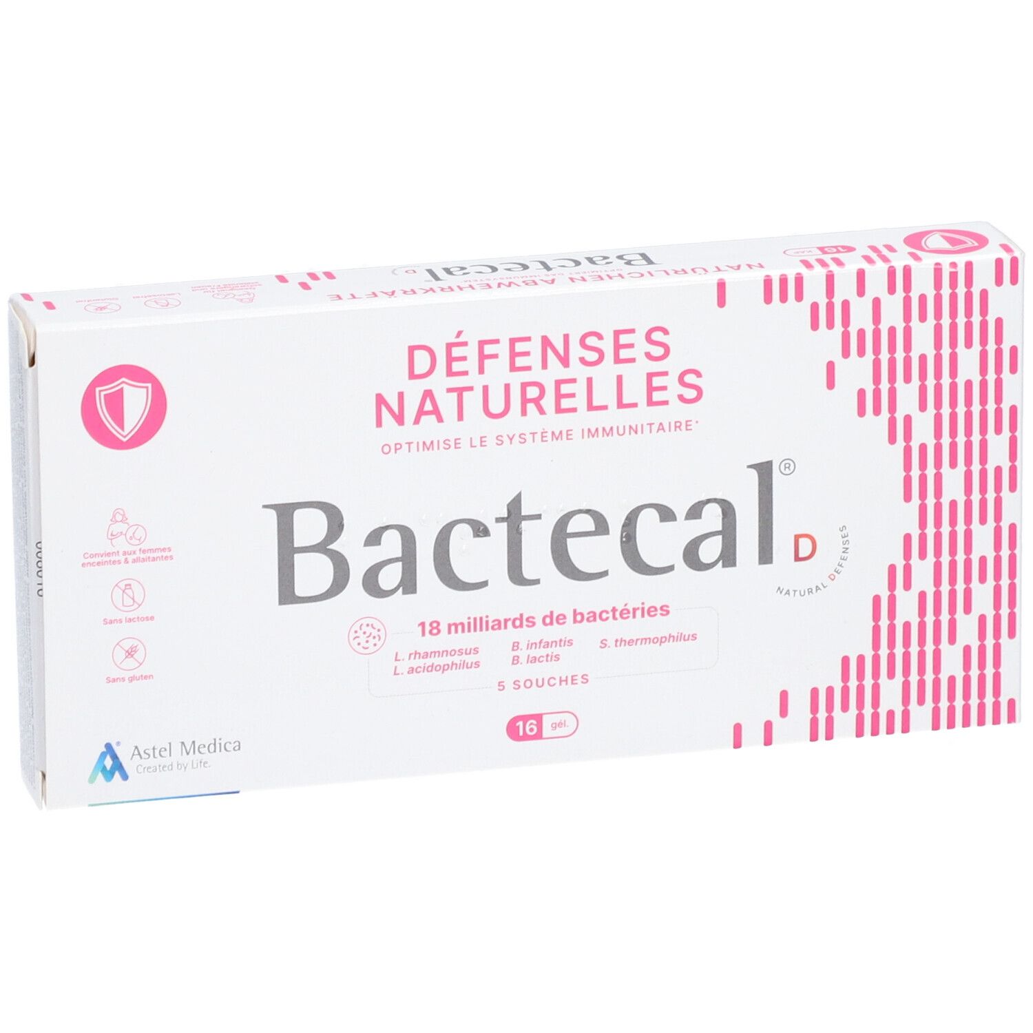 Bactecal D Packung mit 16 Beuteln, seitliche Ansicht, für natürliche Abwehrkräfte.