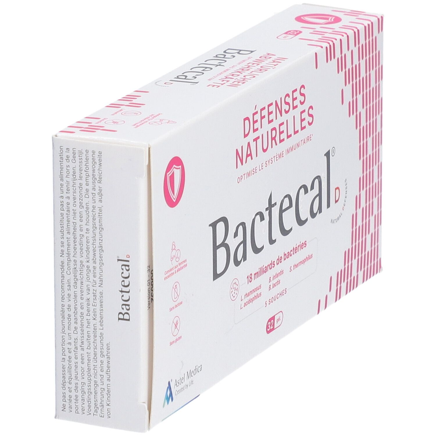 Bactecal D Packung mit 32 Beuteln, Rückseite mit Anwendungshinweisen und Inhaltsstoffen.
