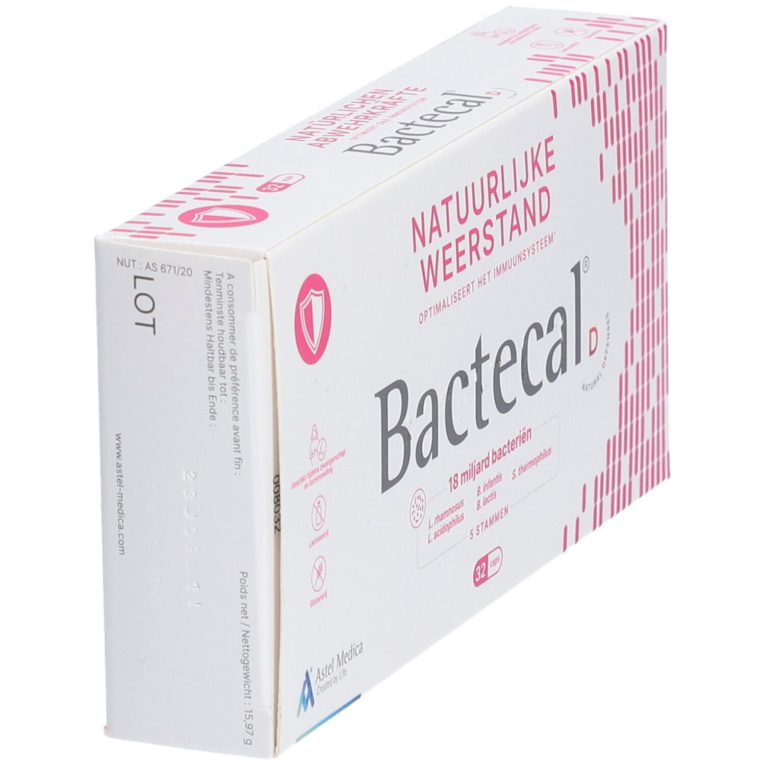 Bactecal D Packung mit 32 Beuteln, Rückseite mit Anwendungshinweisen und Inhaltsstoffen.