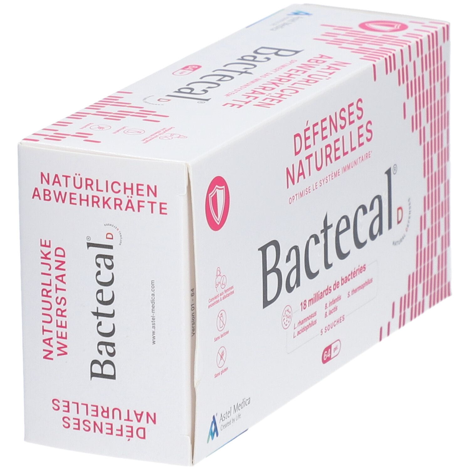 Boîte Bactecal D en biais. Texte: DÉFENSES NATURELLES, 18 milliards de bactéries, 64 unités.