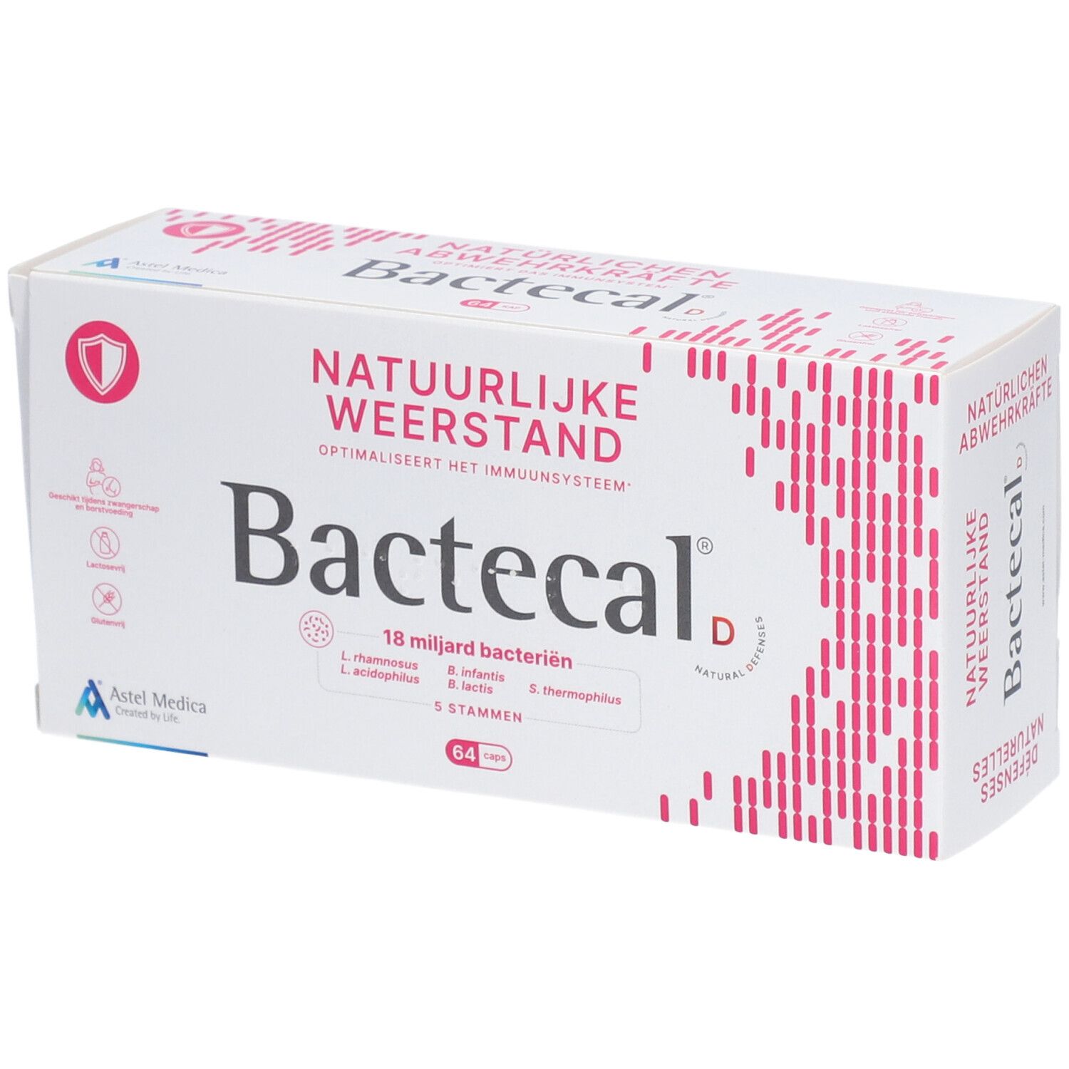 Boîte Bactecal D. Texte: NATUURLIJKE WEERSTAND, 18 milliards de bactéries, 64 unités.