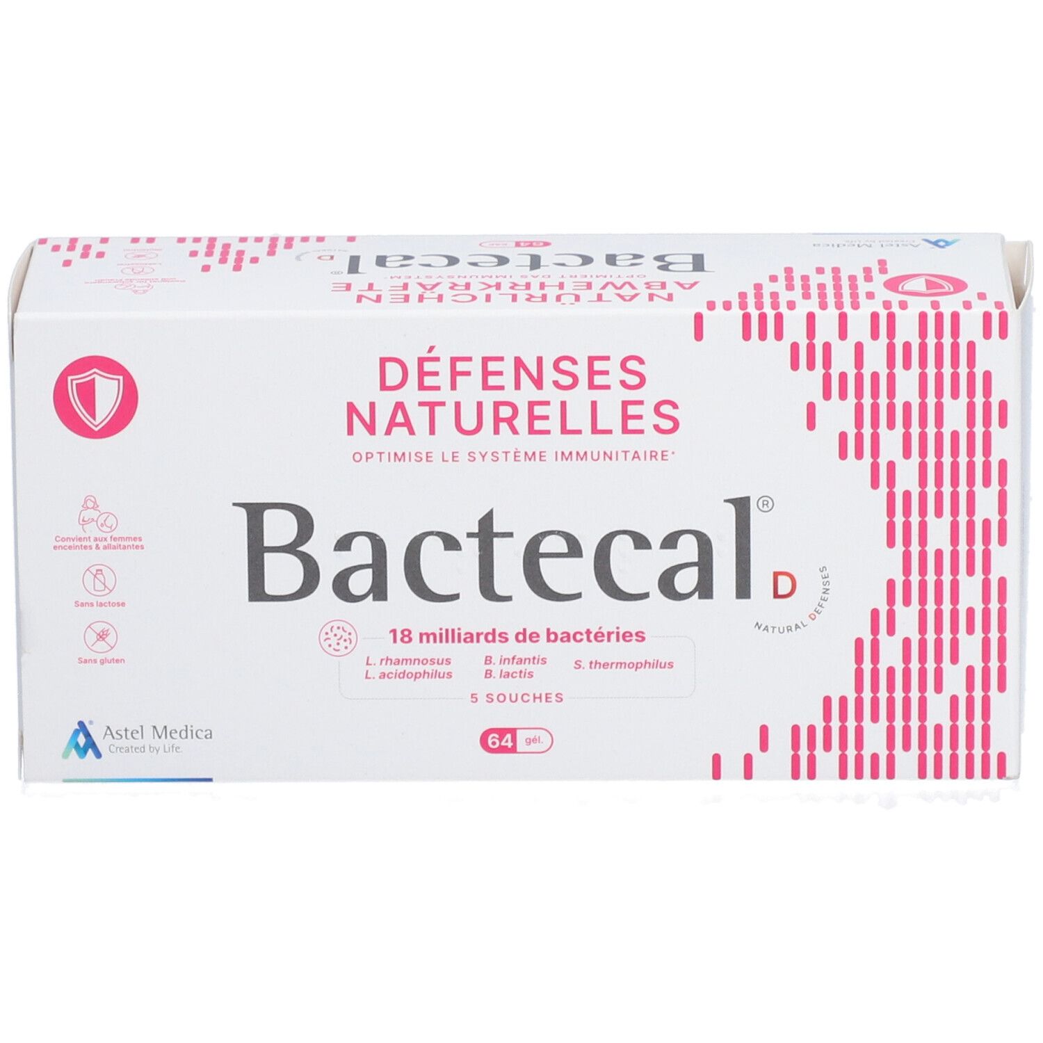 Boîte Bactecal D. Texte: DÉFENSES NATURELLES, 18 milliards de bactéries, 64 unités.
