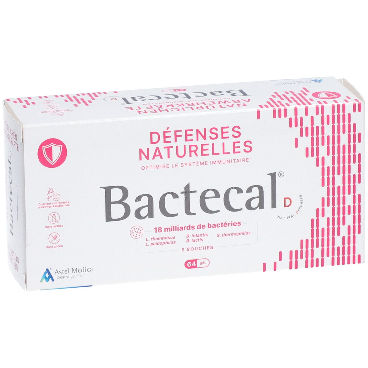 Boîte Bactecal D. Texte: DÉFENSES NATURELLES, 18 milliards de bactéries, 64 unités.