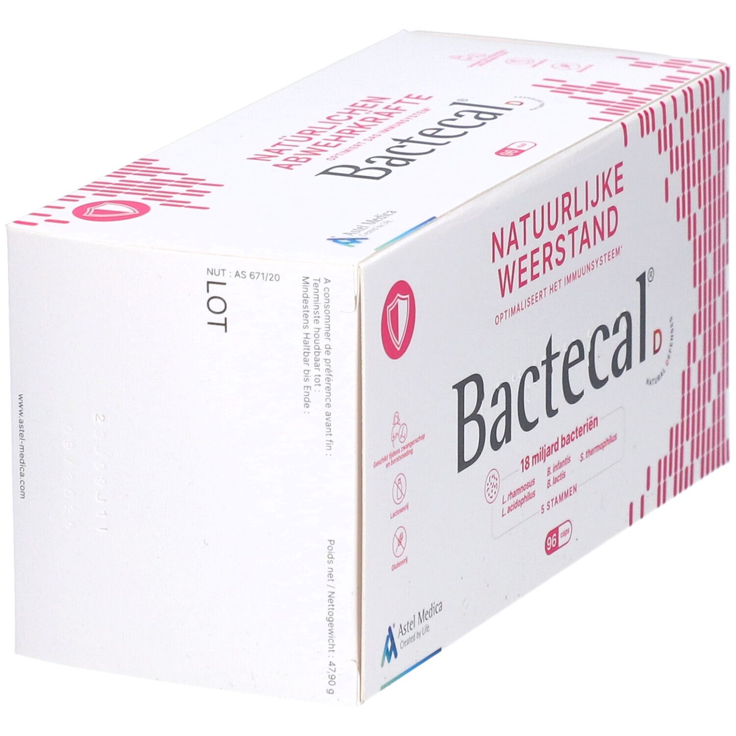 Bactecal D Packung mit 96 Beuteln, Seitenansicht mit Produktinformationen.