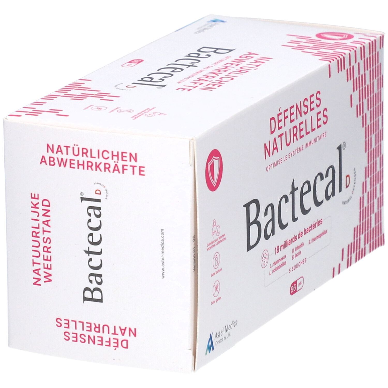 Bactecal D Packung mit 96 Beuteln, Seitenansicht mit Produktinformationen.