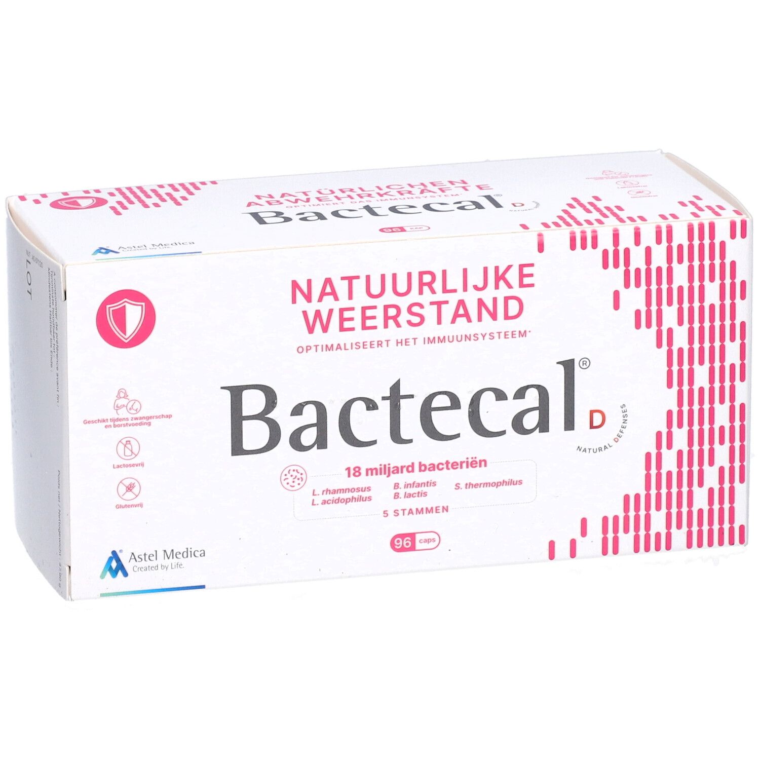 Bactecal D Packung mit 96 Beuteln, Seitenansicht mit Produktinformationen.