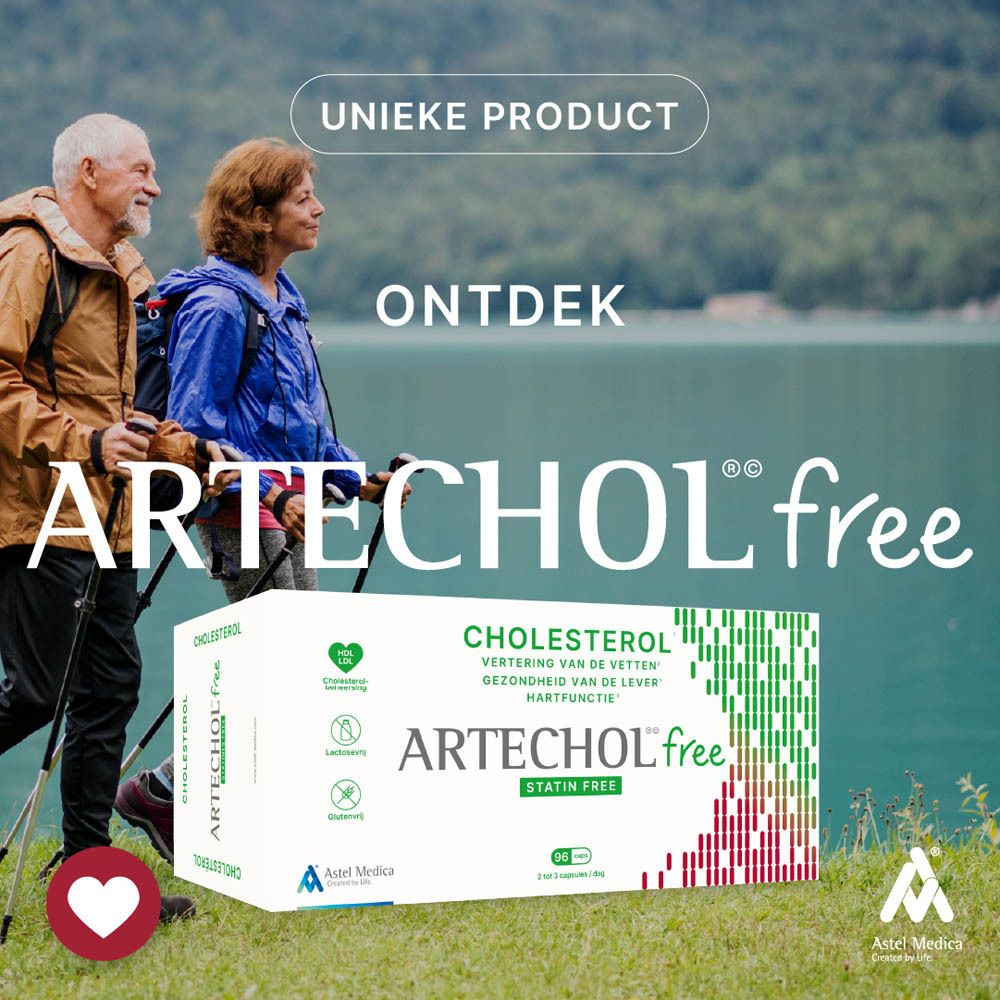 Reclame met wandelaars. Doos ARTECHOL free. Tekst: Cholesterol, vertering van vetten, gezondheid van de lever, hartfunctie.