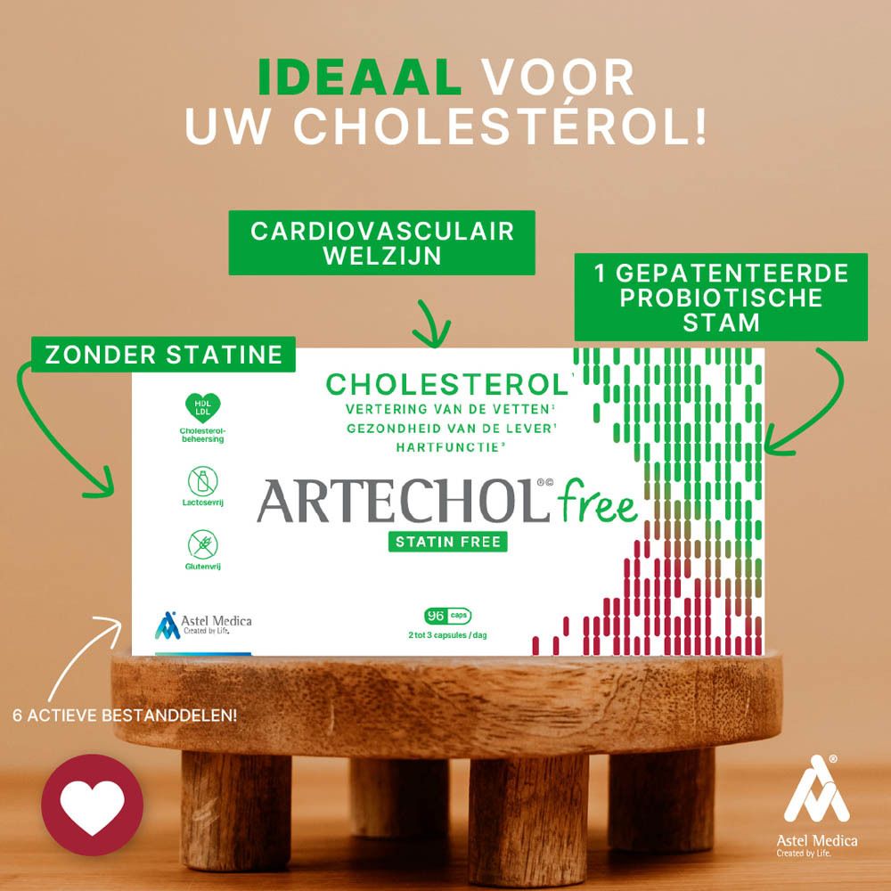 Reclame met product op houten sokkel. Doos ARTECHOL free. Tekst: Cholesterol, vertering van vetten, gezondheid van de lever, hartfunctie.