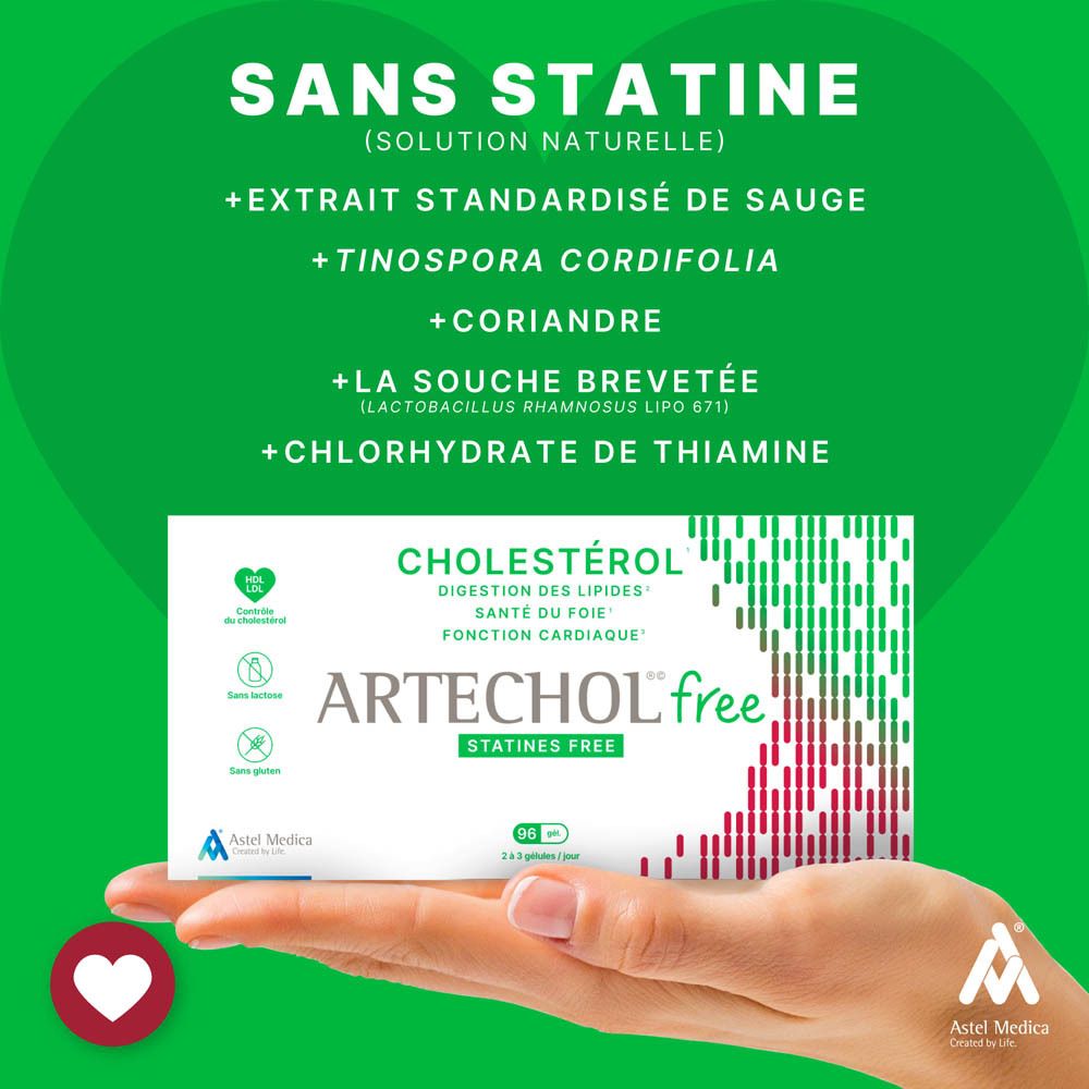 Main tenant boîte ARTECHOL free. Texte: Cholestérol, digestion des lipides, santé du foie, fonction cardiaque. Sans statines.