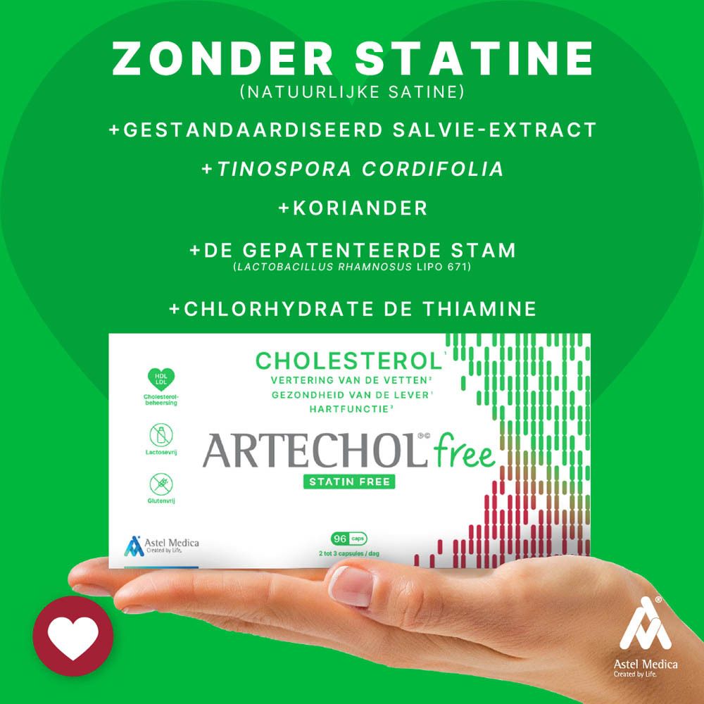 Hand houdt doos ARTECHOL free. Tekst: Cholesterol, vertering van vetten, gezondheid van de lever, hartfunctie. Zonder statines.