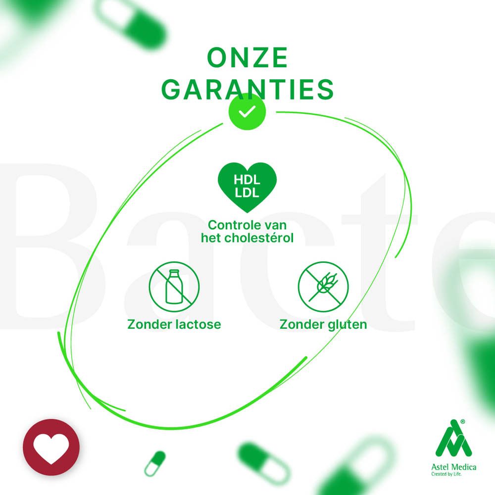 Product met tekst: Cholesterol, vertering van vetten, gezondheid van de lever, hartfunctie. Zonder statines. Zonder lactose, gluten.