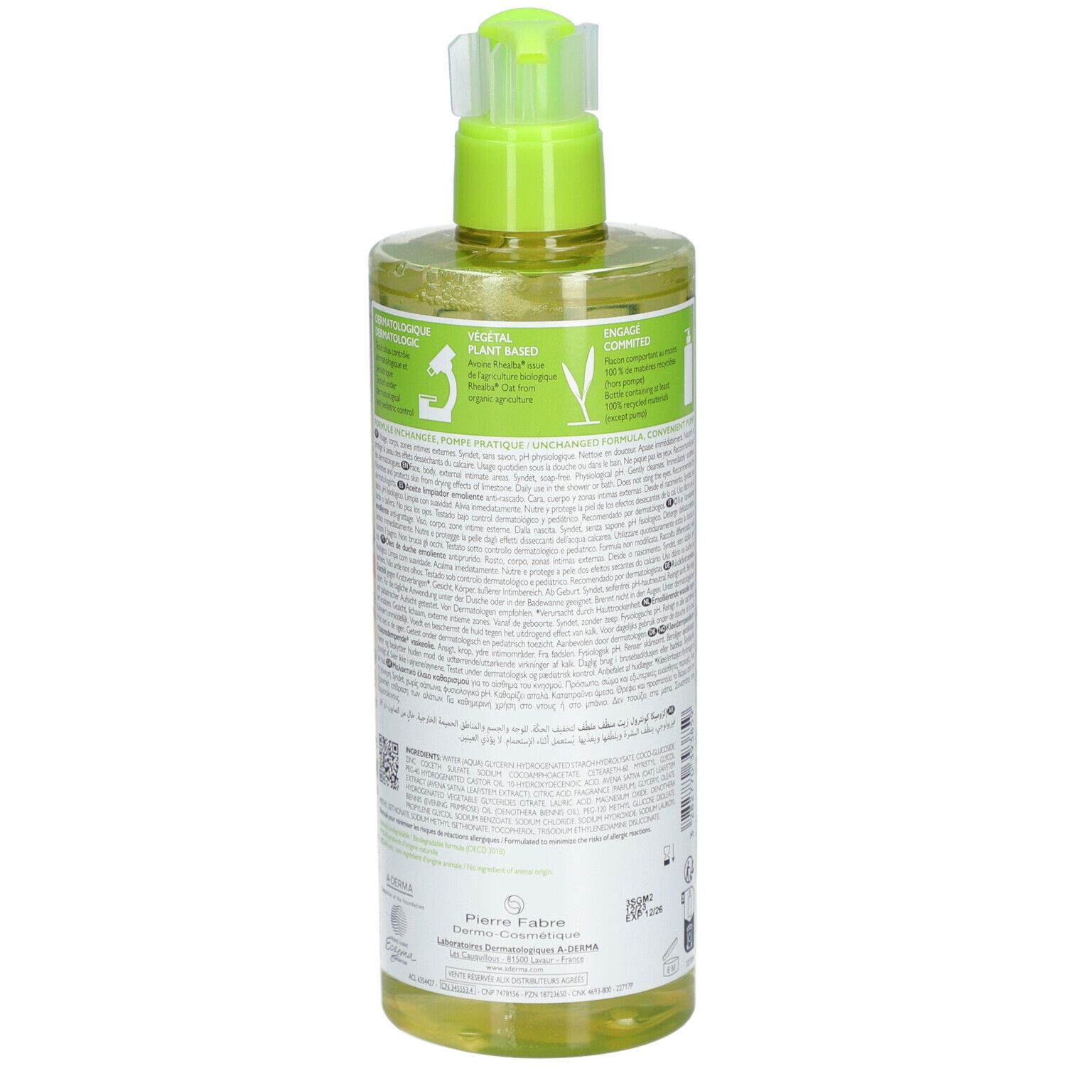 Klare Flüssigkeit in durchsichtiger Flasche mit grünem Pumpspender. Rückseite mit Text und Symbolen.