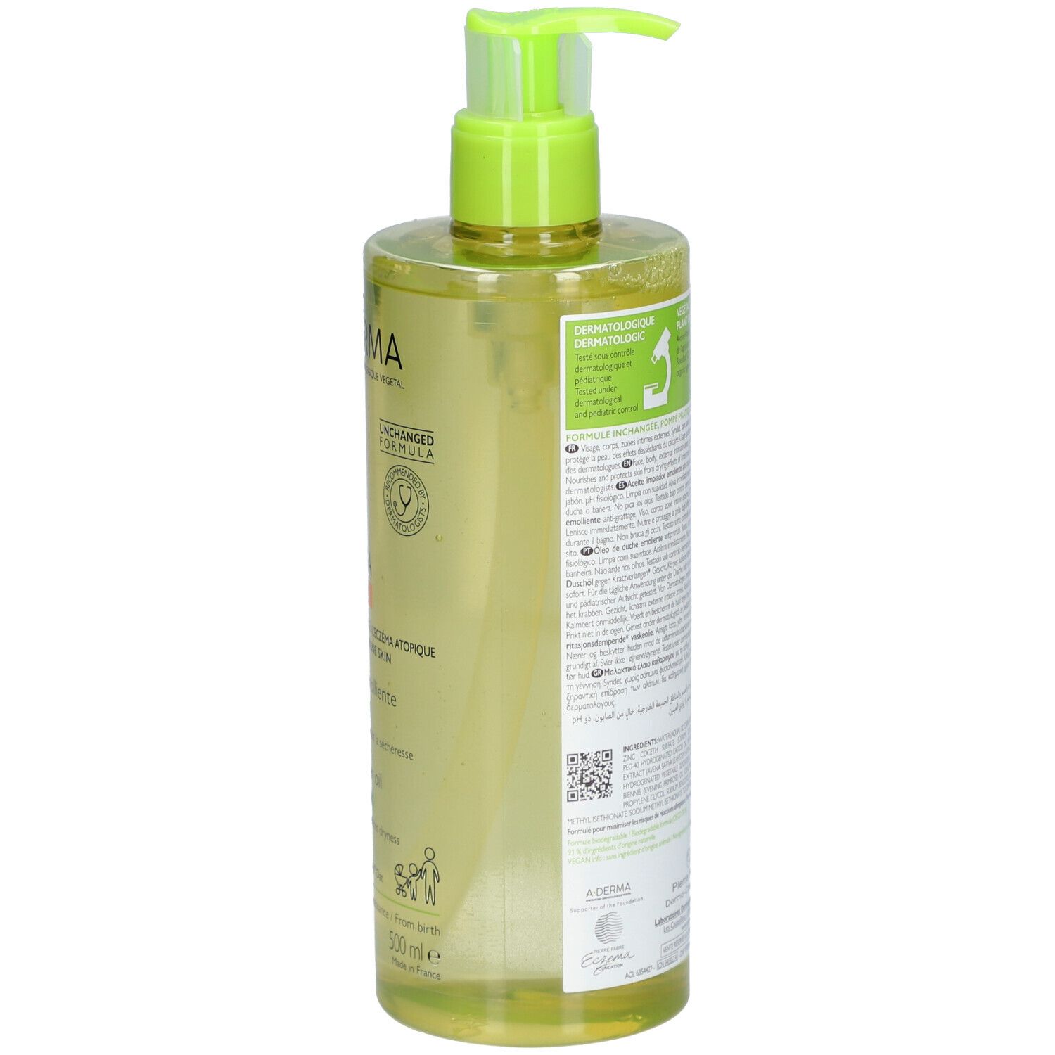 Transparente Flasche mit grünem Pumpspender, gefüllt mit gelblicher Flüssigkeit. Etikett mit Produktinformationen.