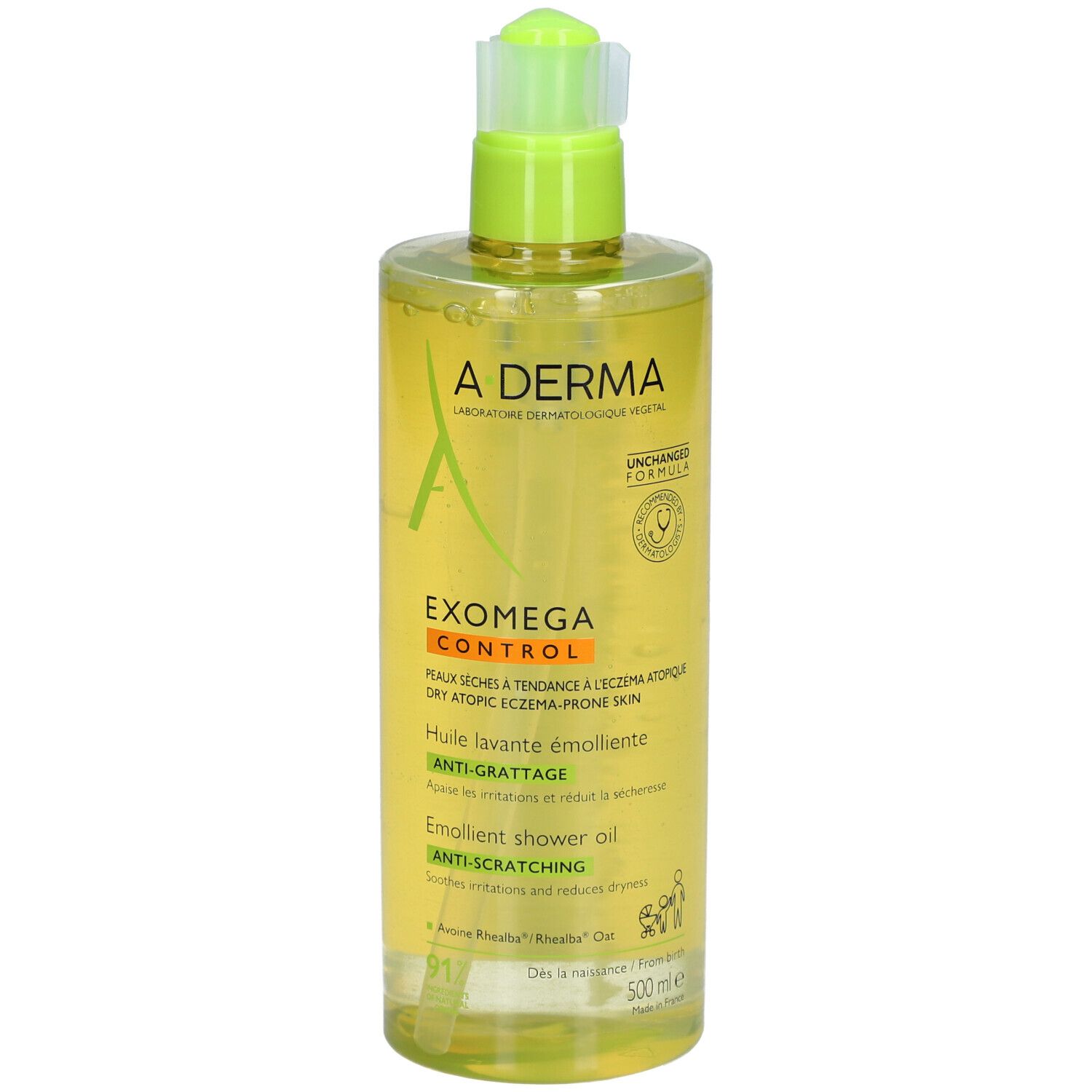 A-Derma Exomega Control Duschöl in einer transparenten Flasche mit Pumpspender. Gelbe Flüssigkeit.