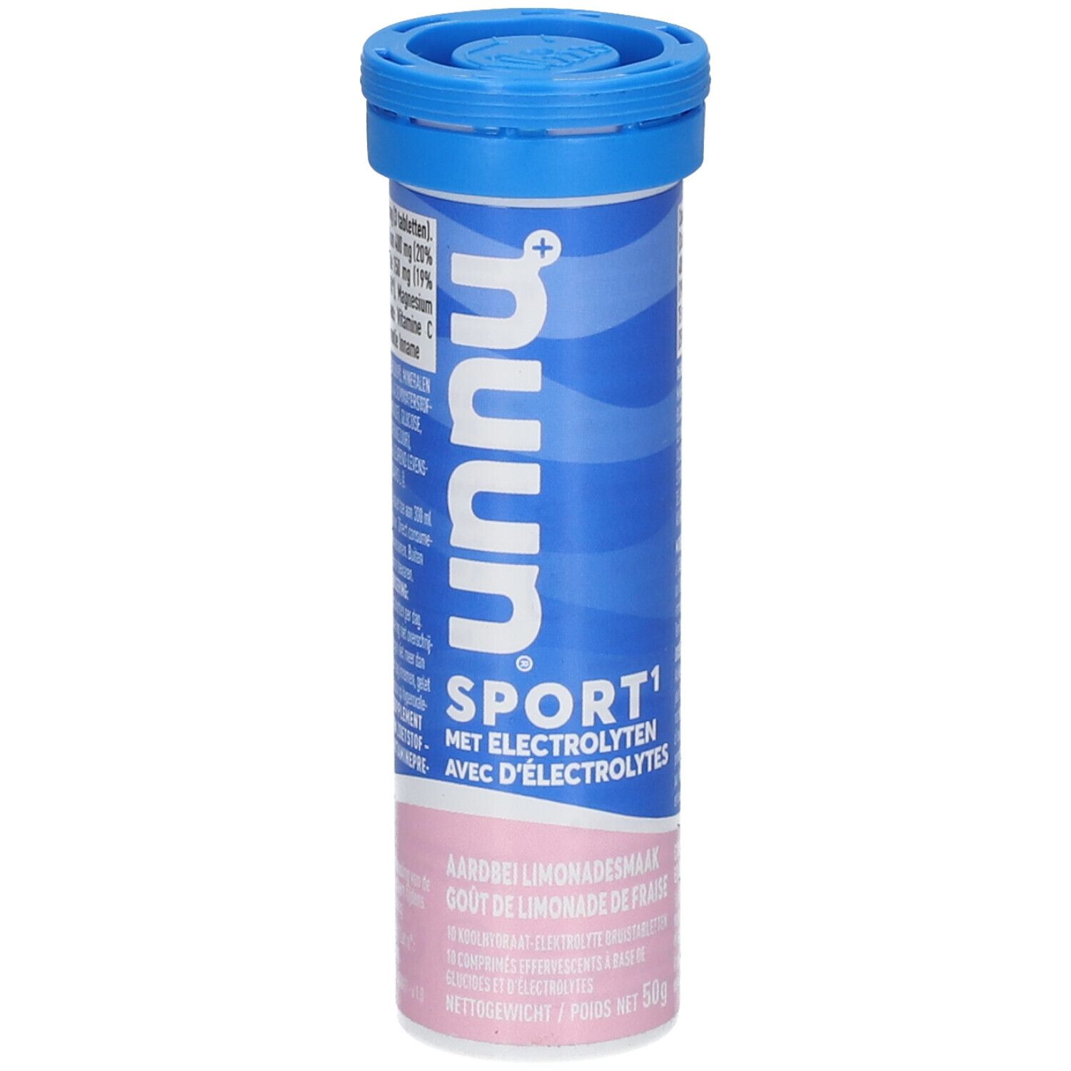 Cilindrische tube met blauwe dop. Opschrift: nuun Sport, aardbeilimonadesmaak. Bevat elektrolyten.