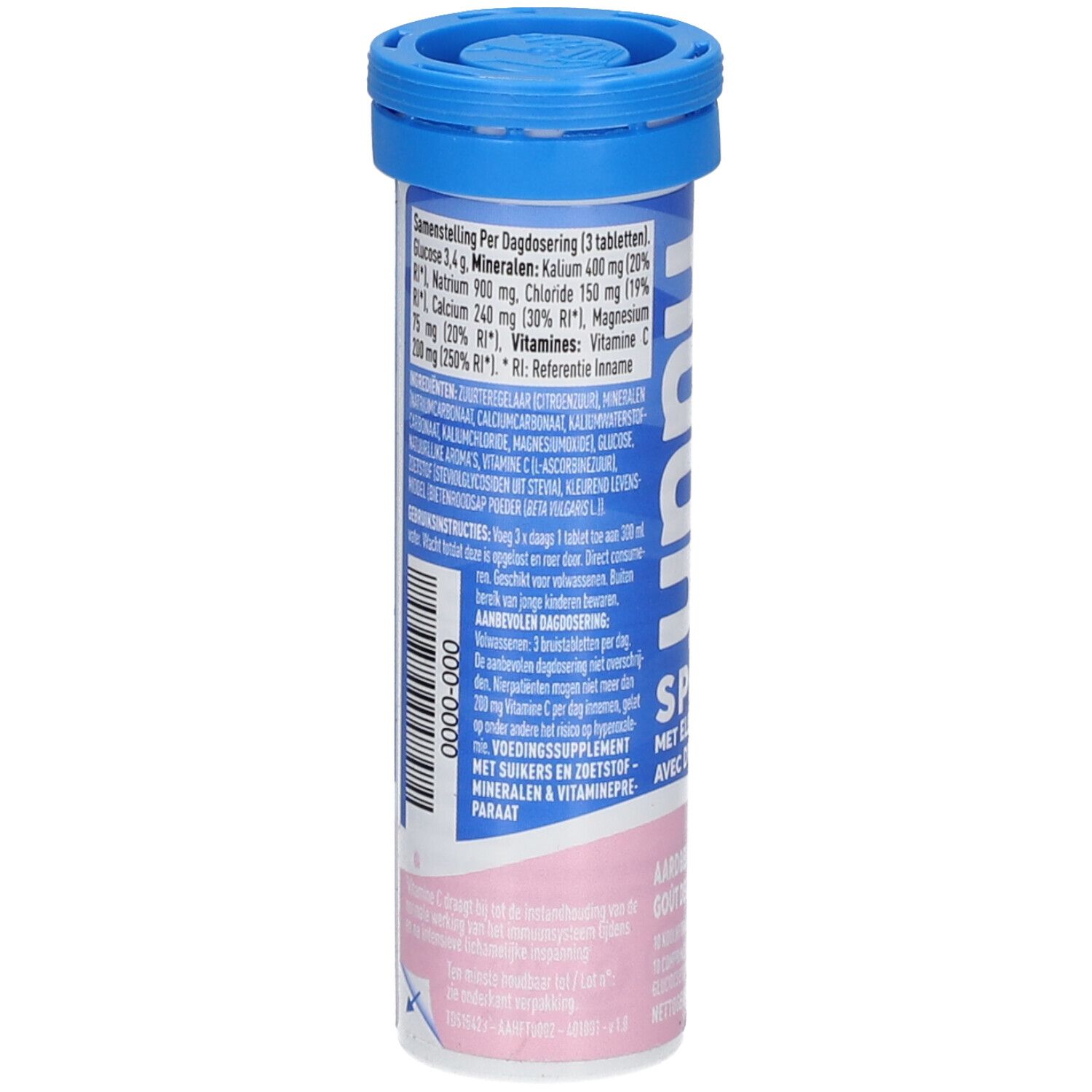 Achterkant van de tube. Lijst van ingrediënten en voedingswaarden. Bevat mineralen en vitaminen.
