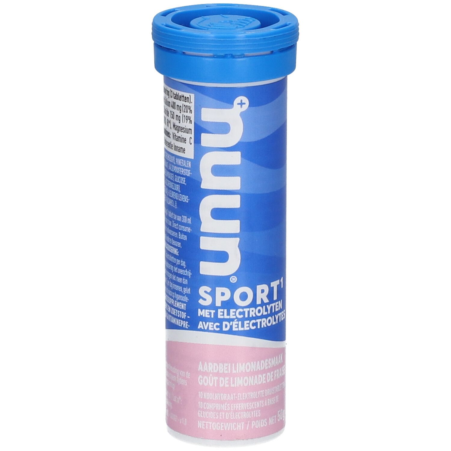 Cilindrische tube met blauwe dop. Opschrift: nuun Sport, aardbeilimonadesmaak. Bevat elektrolyten.
