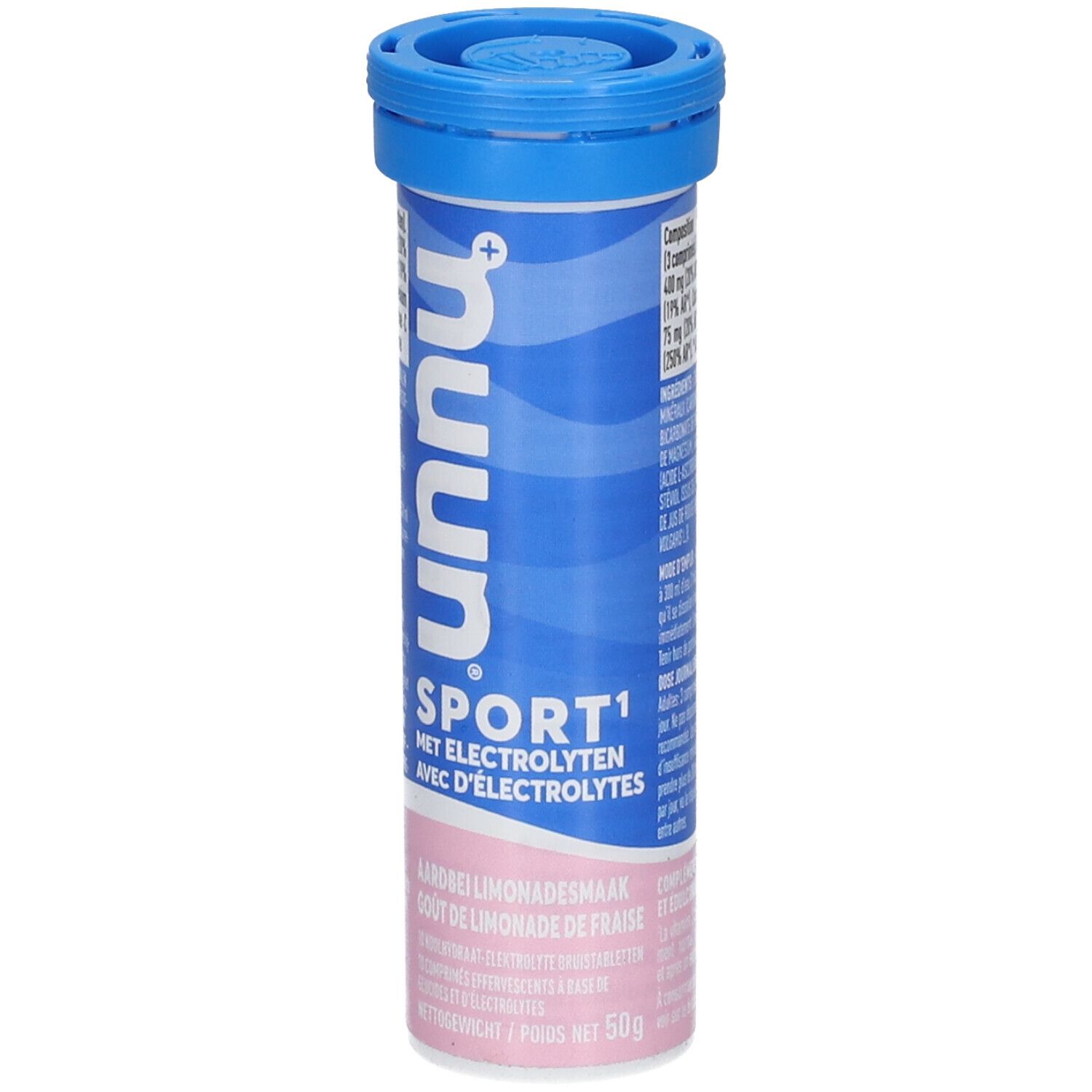 Cilindrische tube met blauwe dop. Opschrift: nuun Sport, aardbeilimonadesmaak. Bevat elektrolyten.