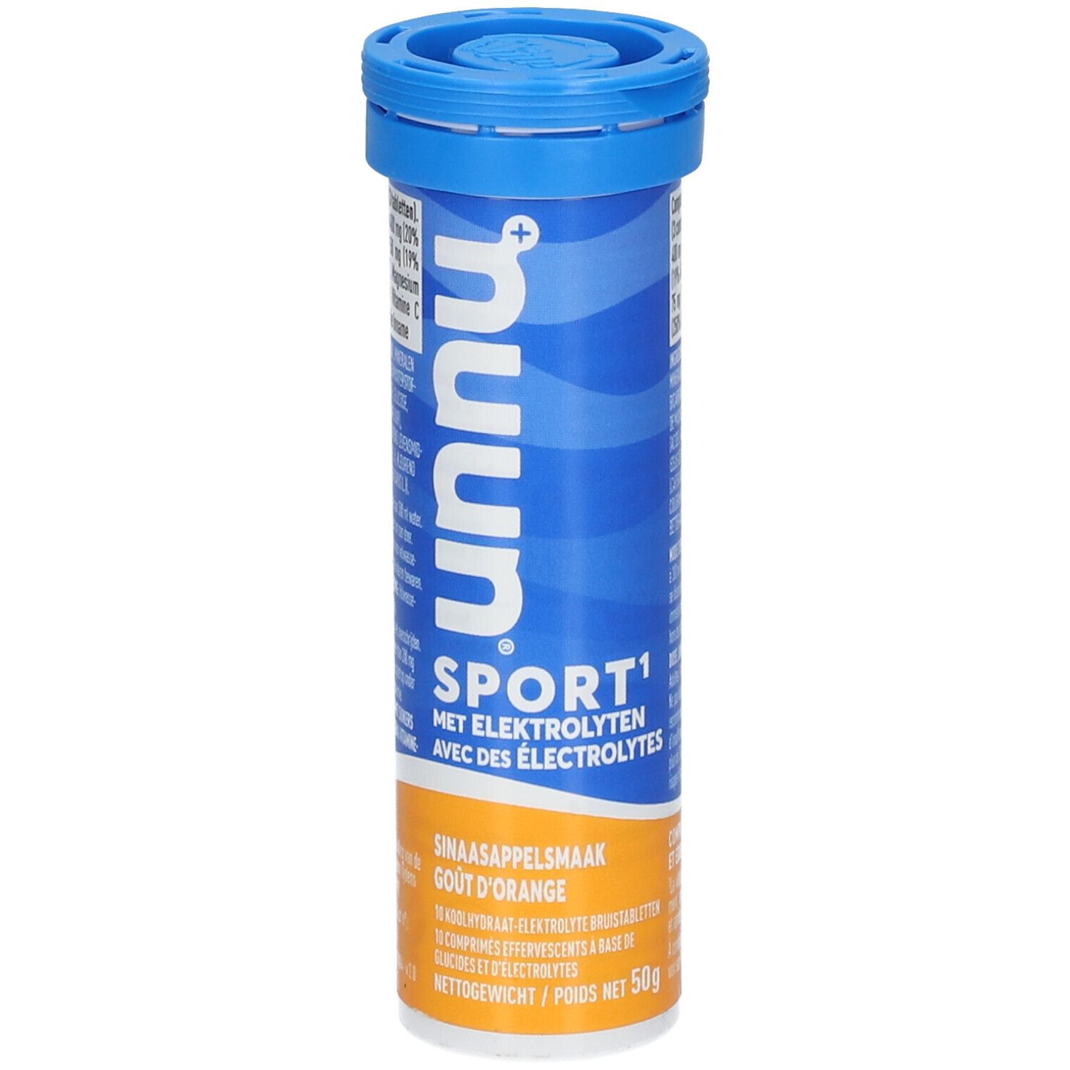 Zylindrische Tube mit blauem Deckel. Aufschrift: nuun Sport1 mit Elektrolyten. Geschmack: Orange. Orangefarbener Boden.