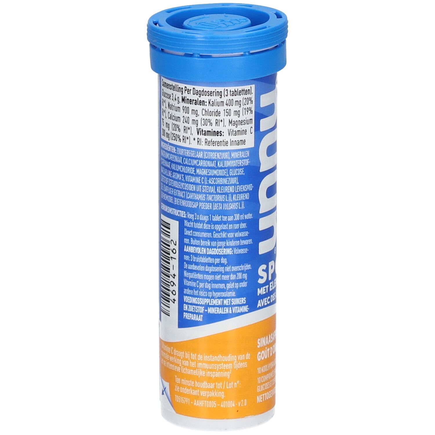 Rückseite der Tube. Auflistung der Inhaltsstoffe und Nährwerte. Blaue und orangefarbene Farbgebung. Text in mehreren Sprachen.