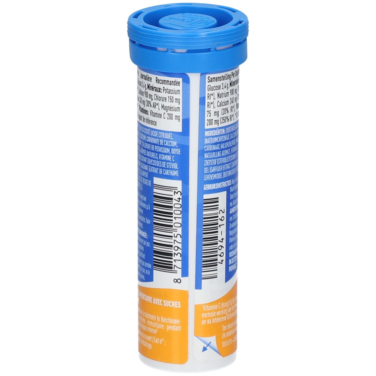 Rückseite der Tube. Barcode und Inhaltsstoffangaben. Blaue und orangefarbene Farbgebung. Text in mehreren Sprachen.