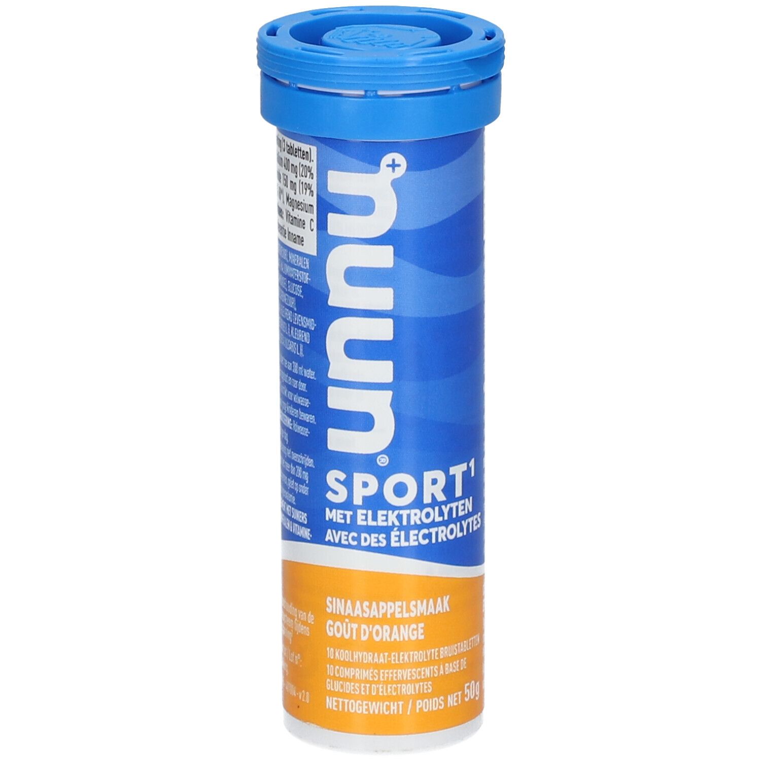 Zylindrische Tube mit blauem Deckel. Aufschrift: nuun Sport1 mit Elektrolyten. Geschmack: Orange. Orangefarbener Boden.